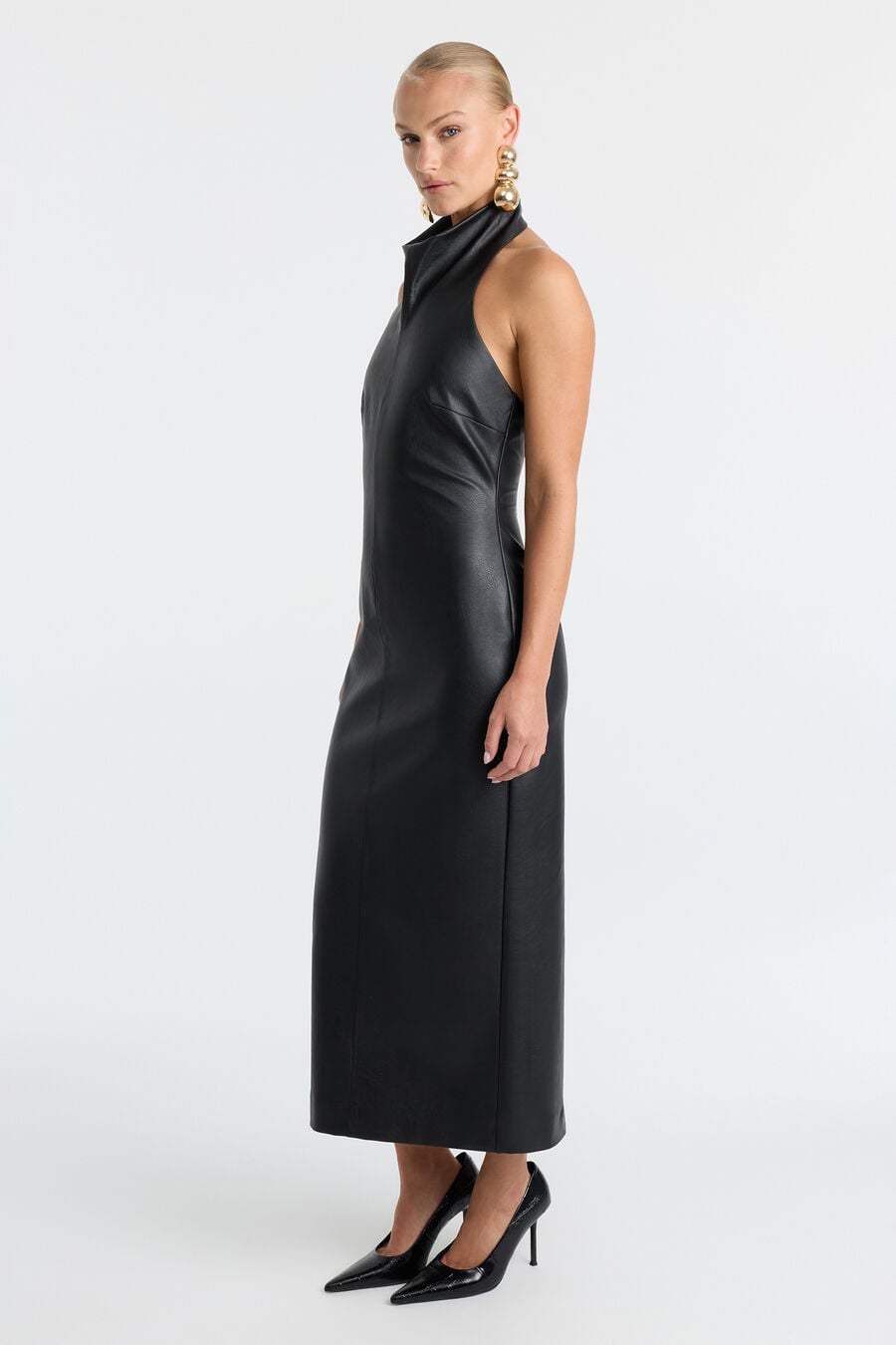 GINA VEGAN LEATHER MIDI DRESS in colour Black