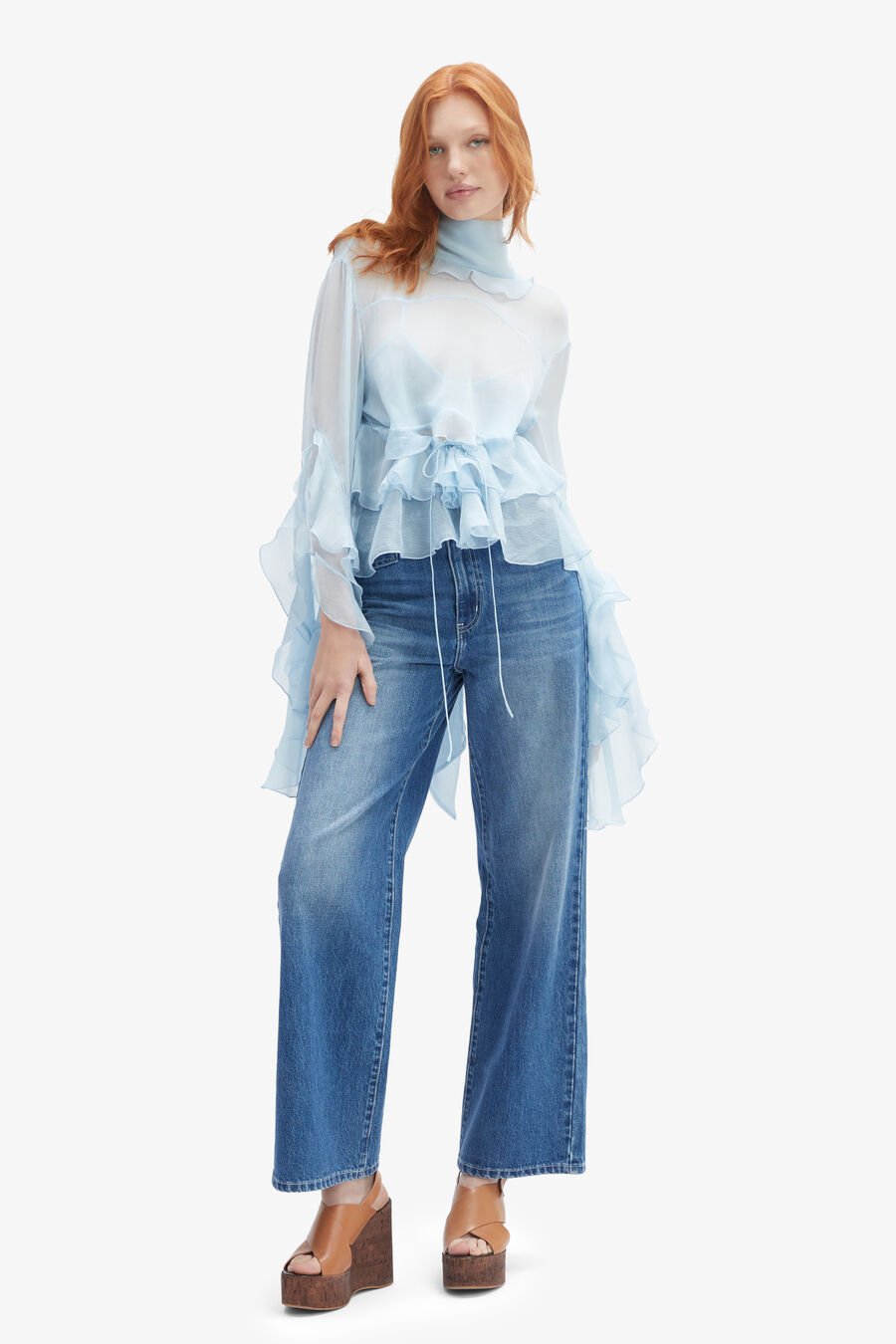 ANYSSA RUFFLE BLOUSE in colour SOFT BLUE