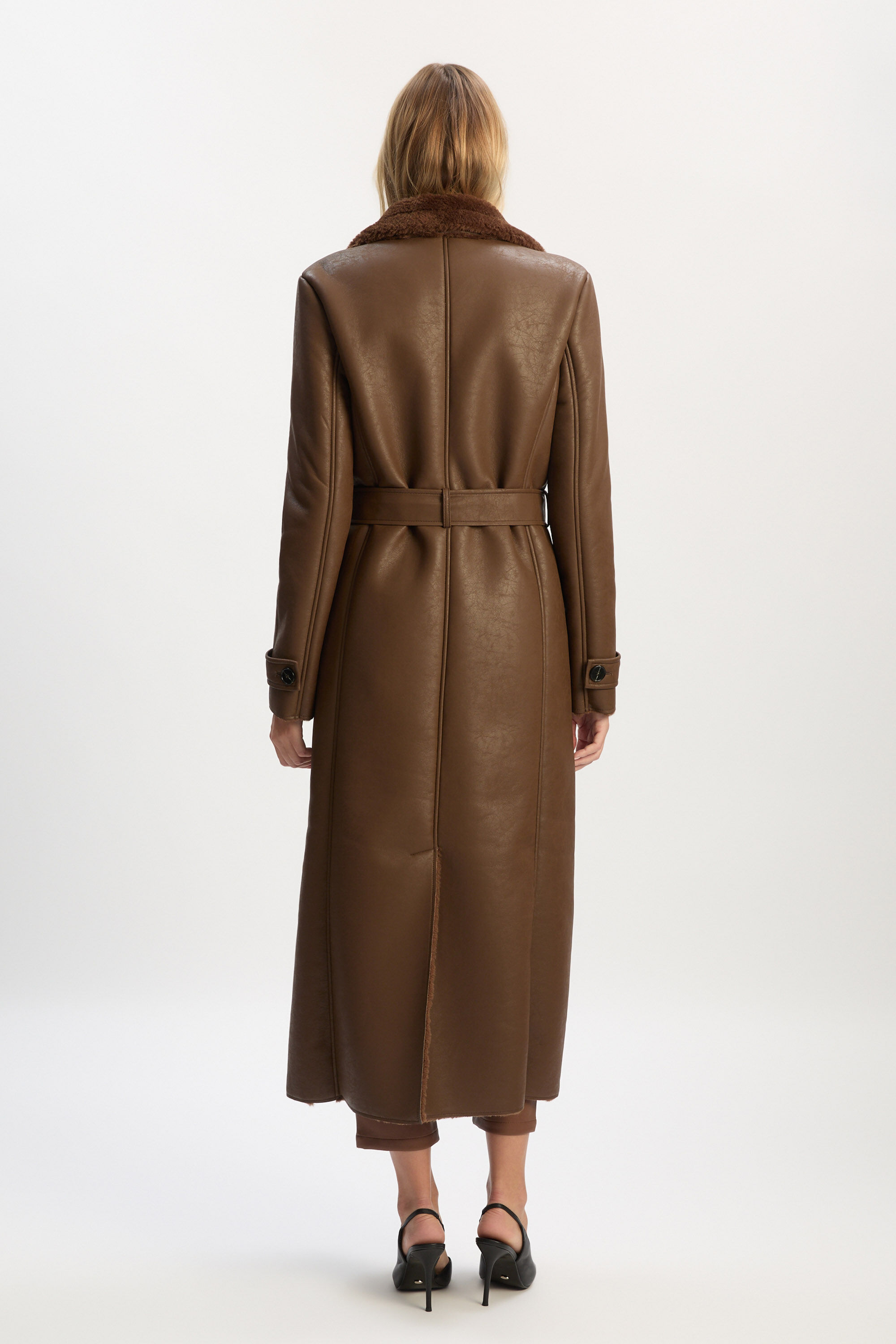 Vegan Leather Shirling Coat In Chocolate | Bardot