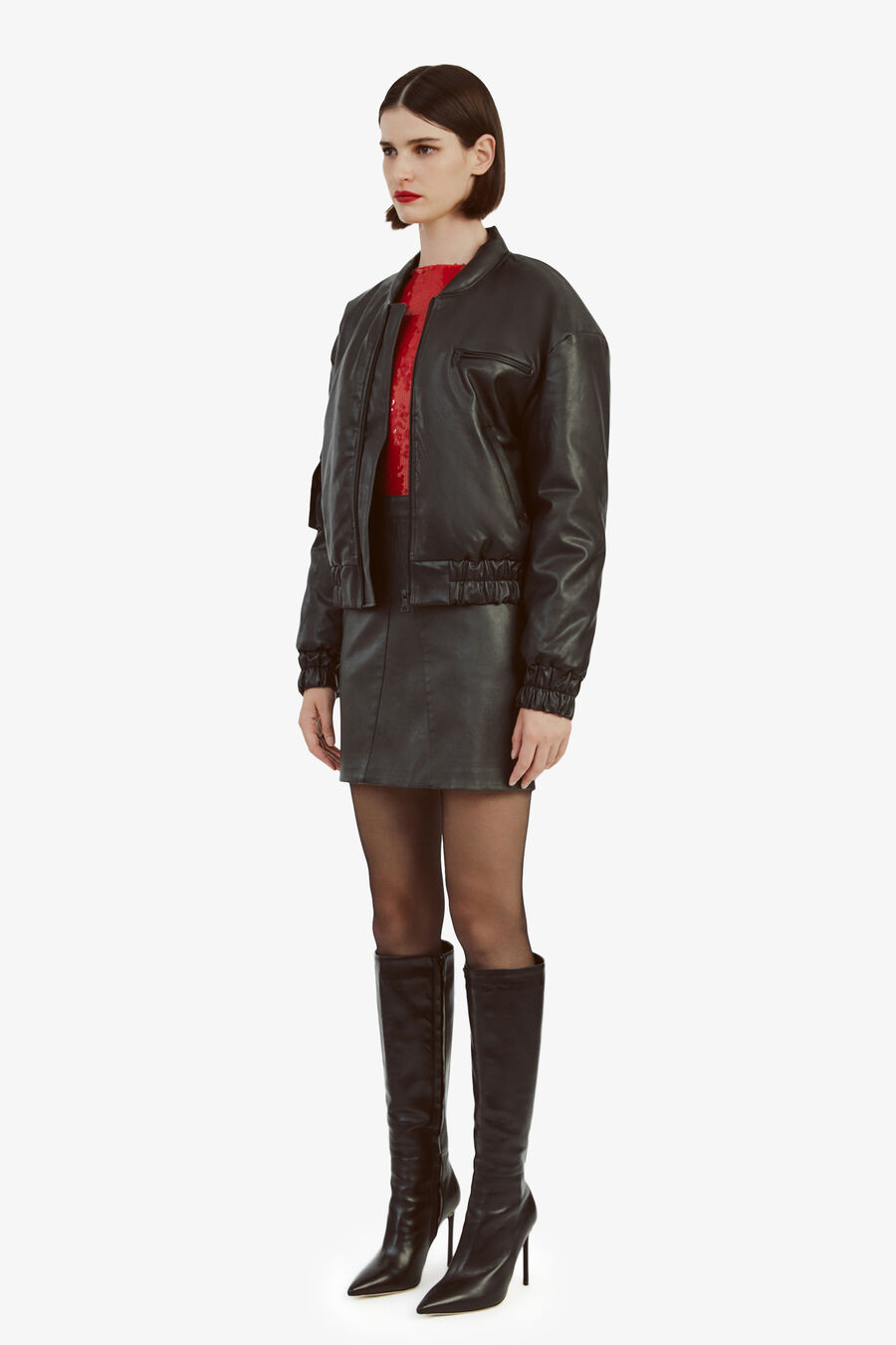 VEGAN LEATHER BOMBER JACKET in colour BLACK