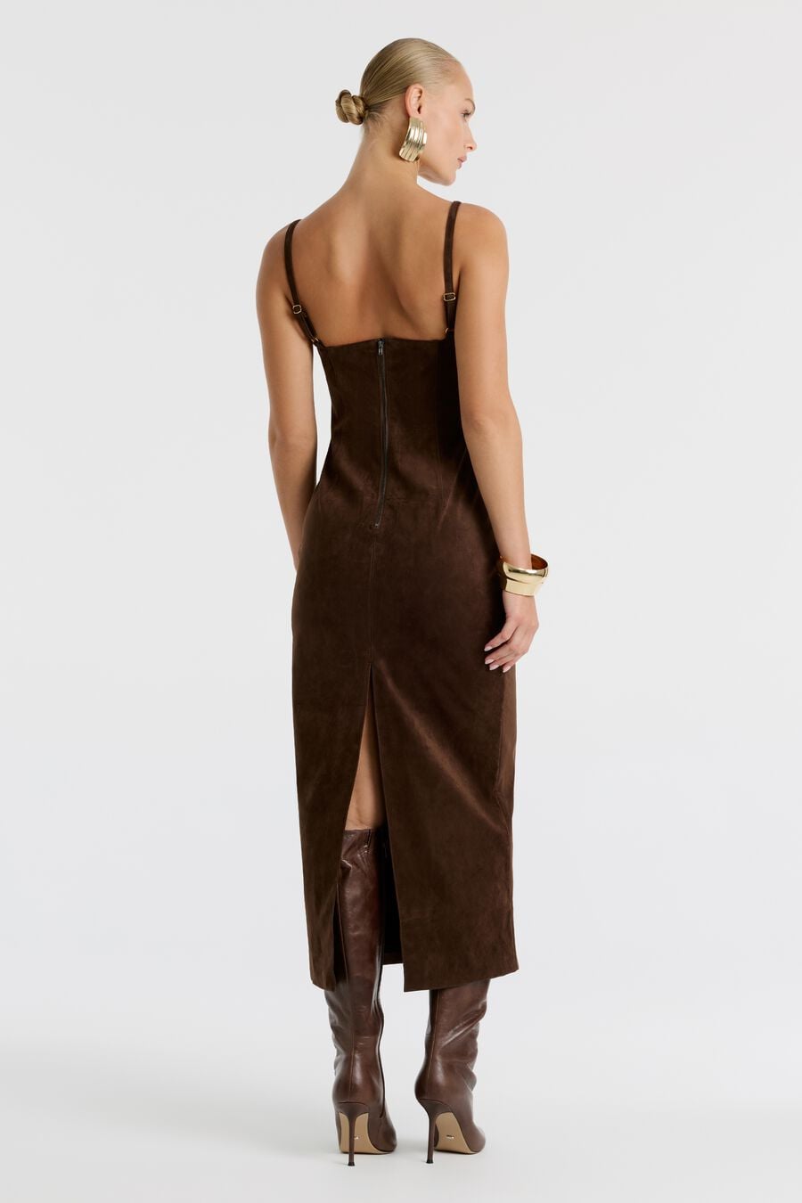 ESTINE VEGAN SUEDE MIDI DRESS in colour DARK CHOCO