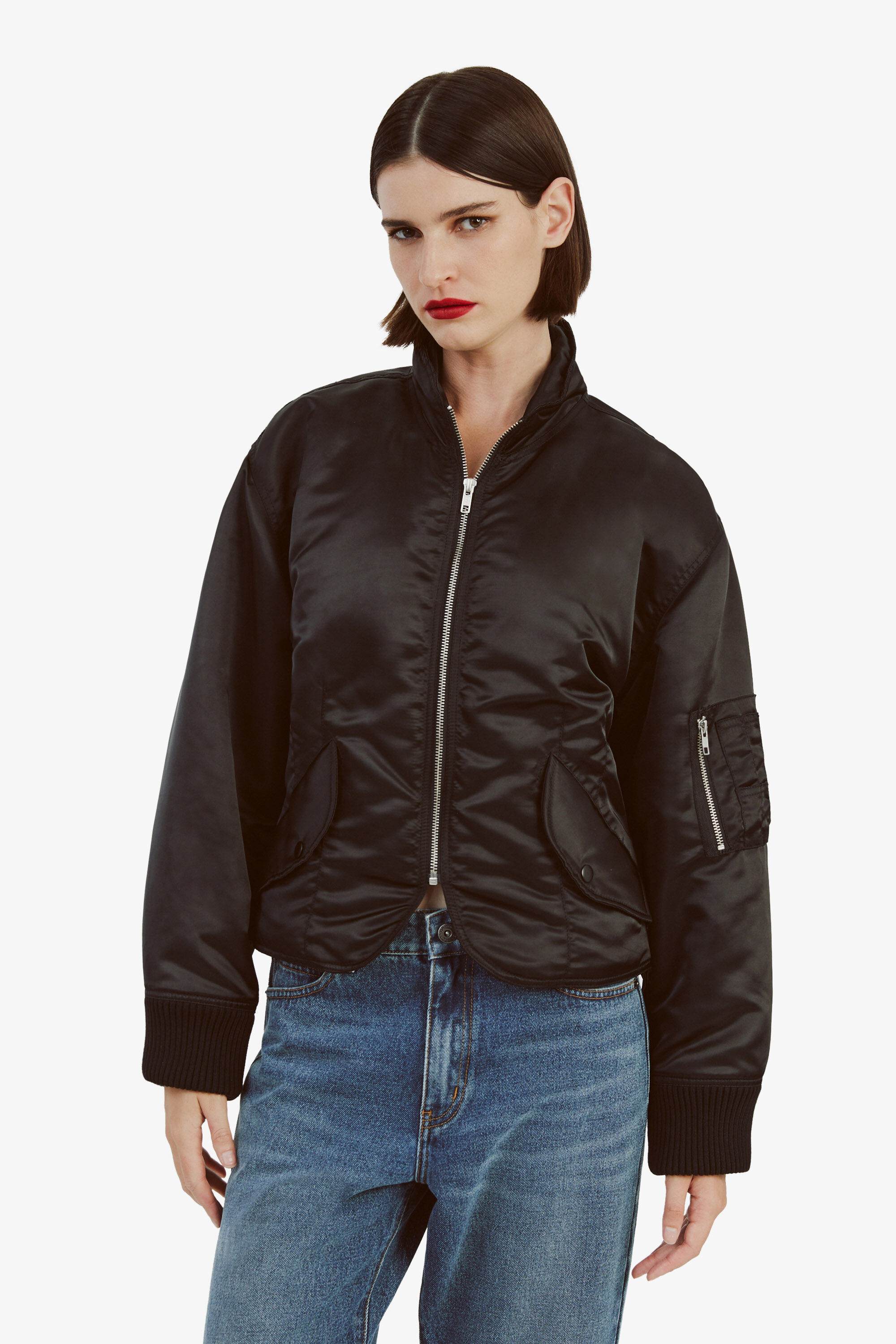 Black fitted bomber jacket top
