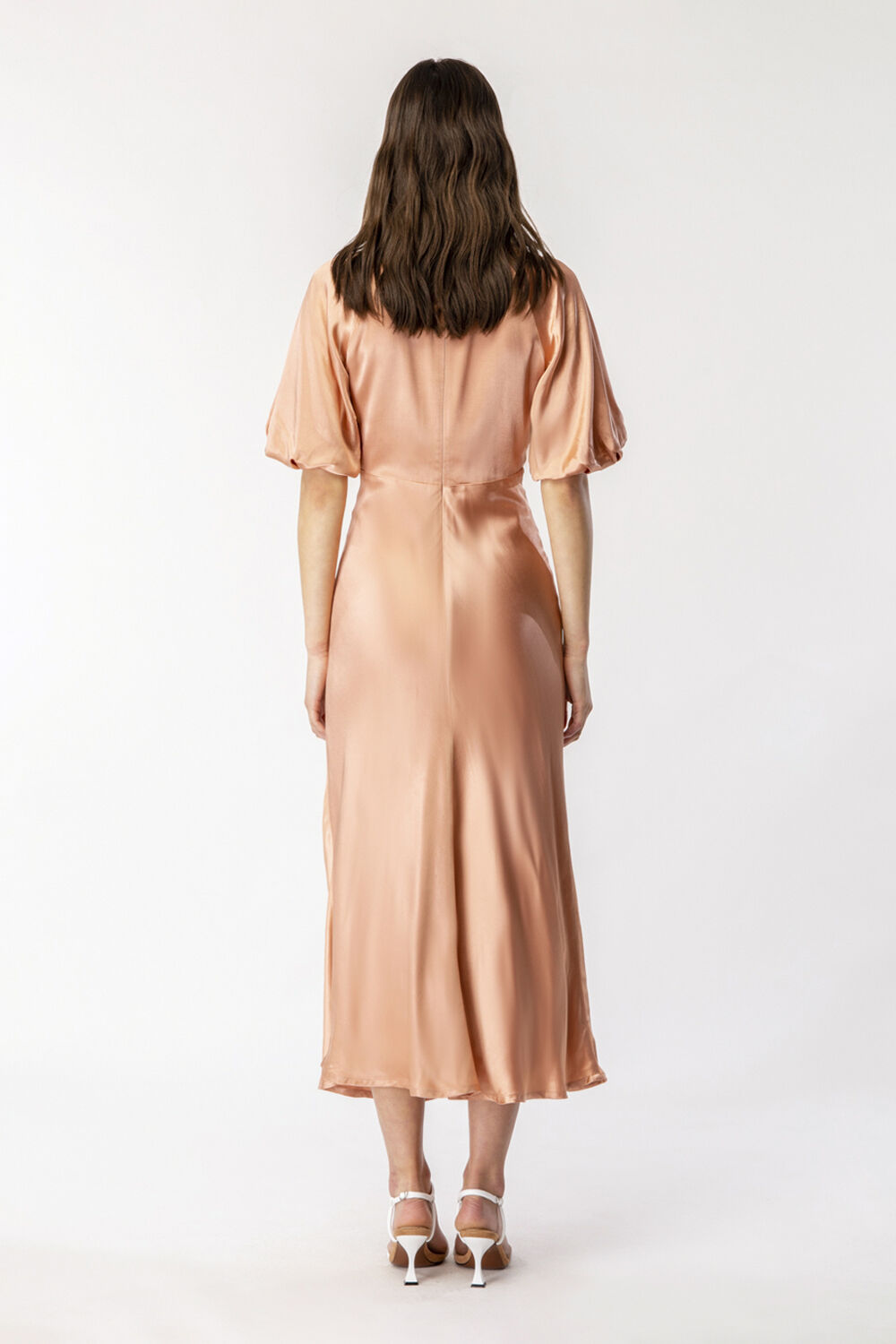 EVERLEIGH SATIN MIDI DRESS in colour MOCHA BISQUE