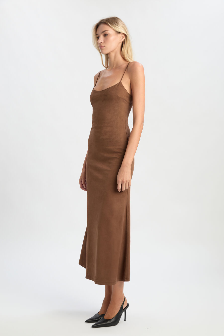 NADIRA VEGAN SUEDE DRESS in colour Chocolate