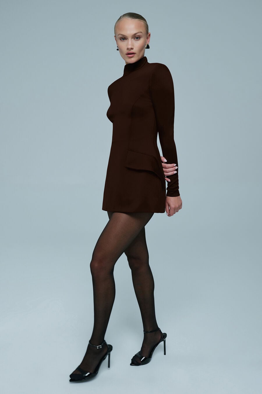 LIZET LONG SLEEVE MINI DRESS in colour Dark Chocolate