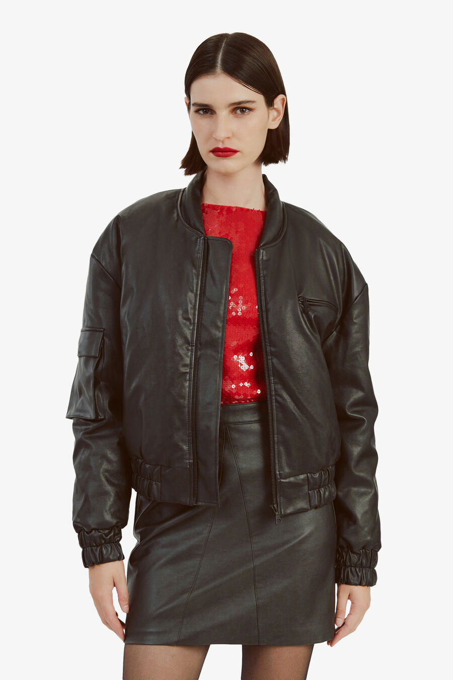 VEGAN LEATHER BOMBER JACKET in colour BLACK
