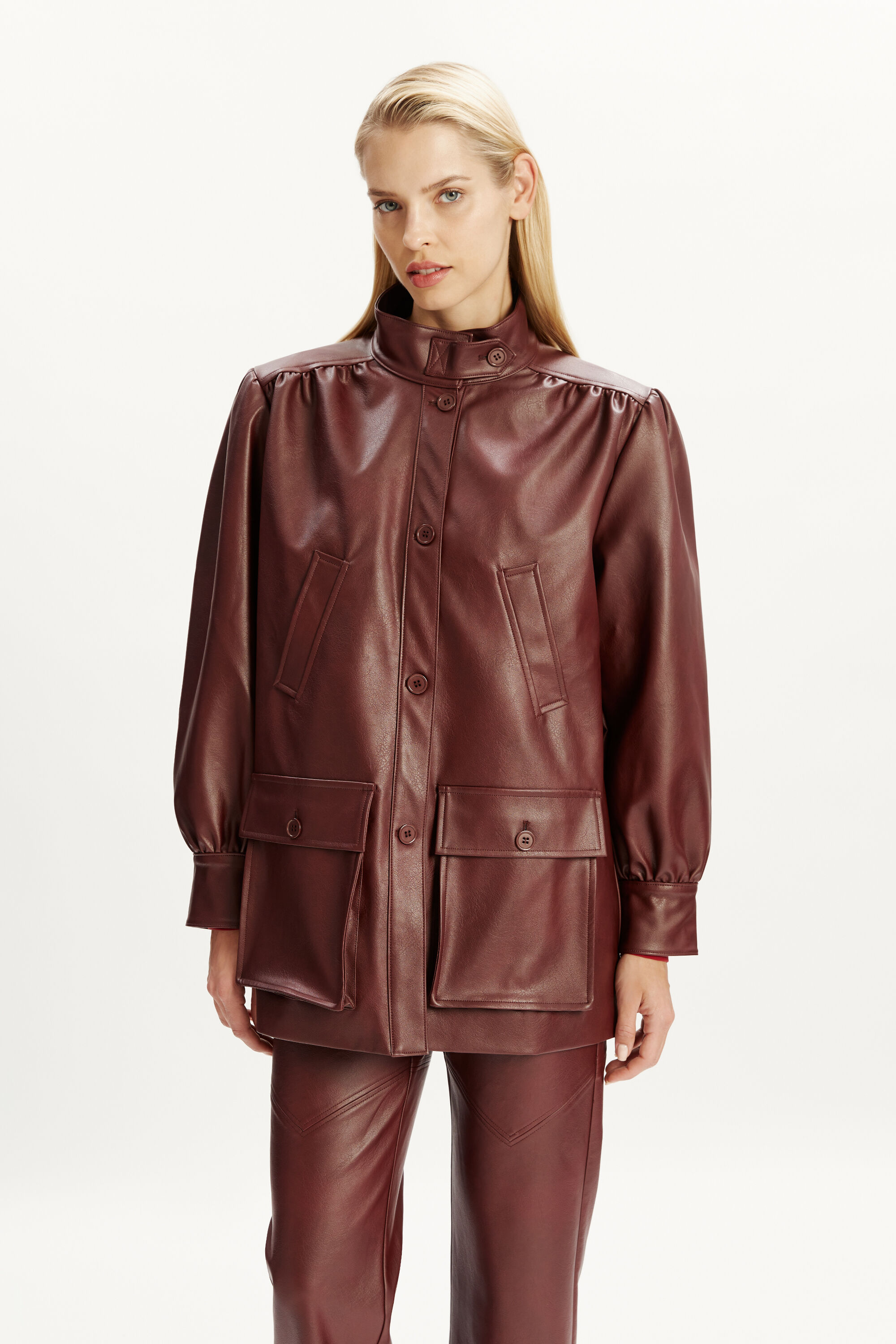 Clements Vegan Leather Jacket In Burgundy | Bardot