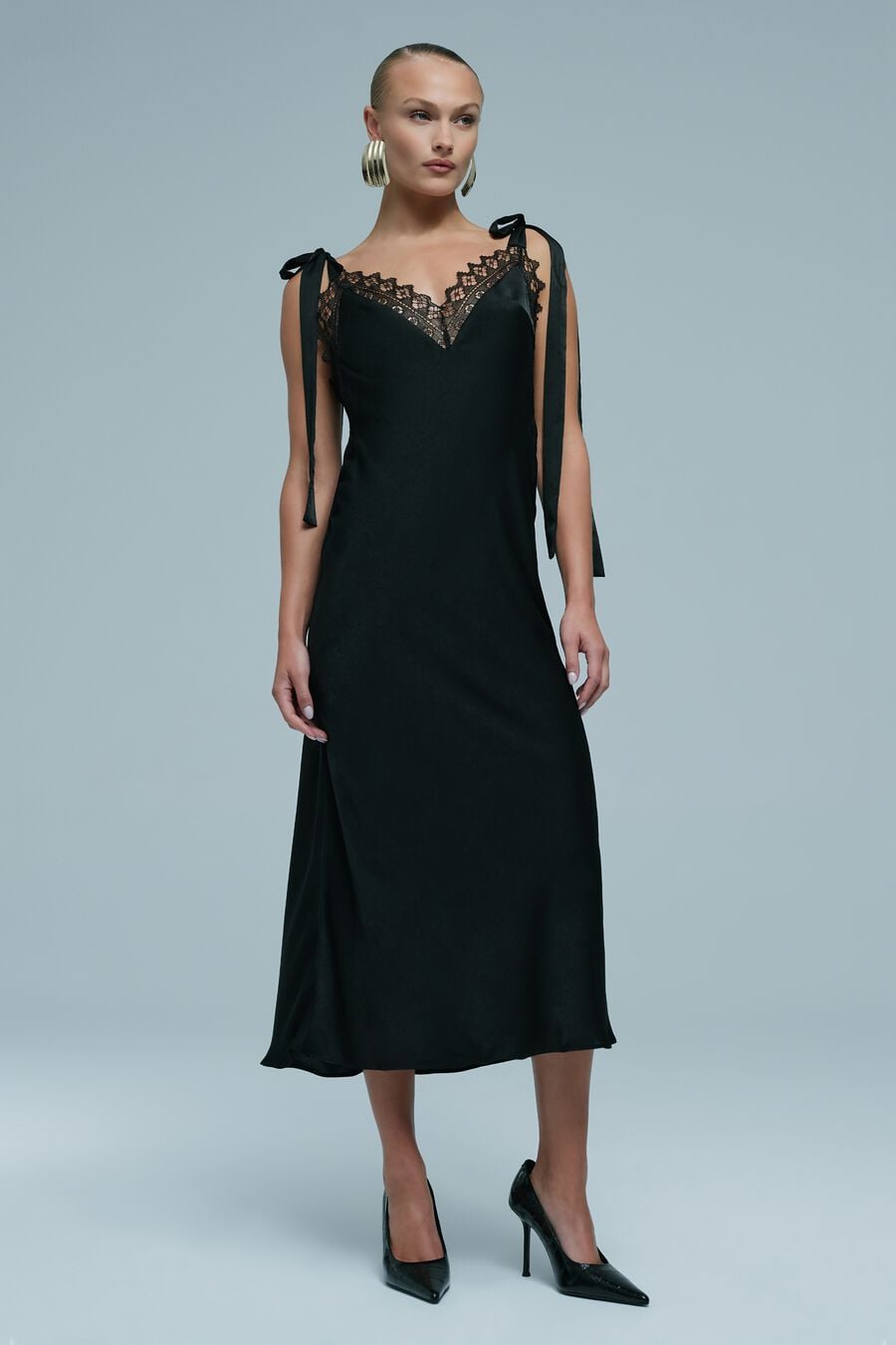 LYDIA TIE STRAP MIDI DRESS in colour Black
