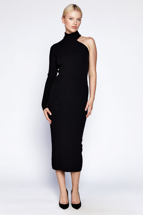 ASYMMETRIC SLV KNIT DRESS in colour CAVIAR