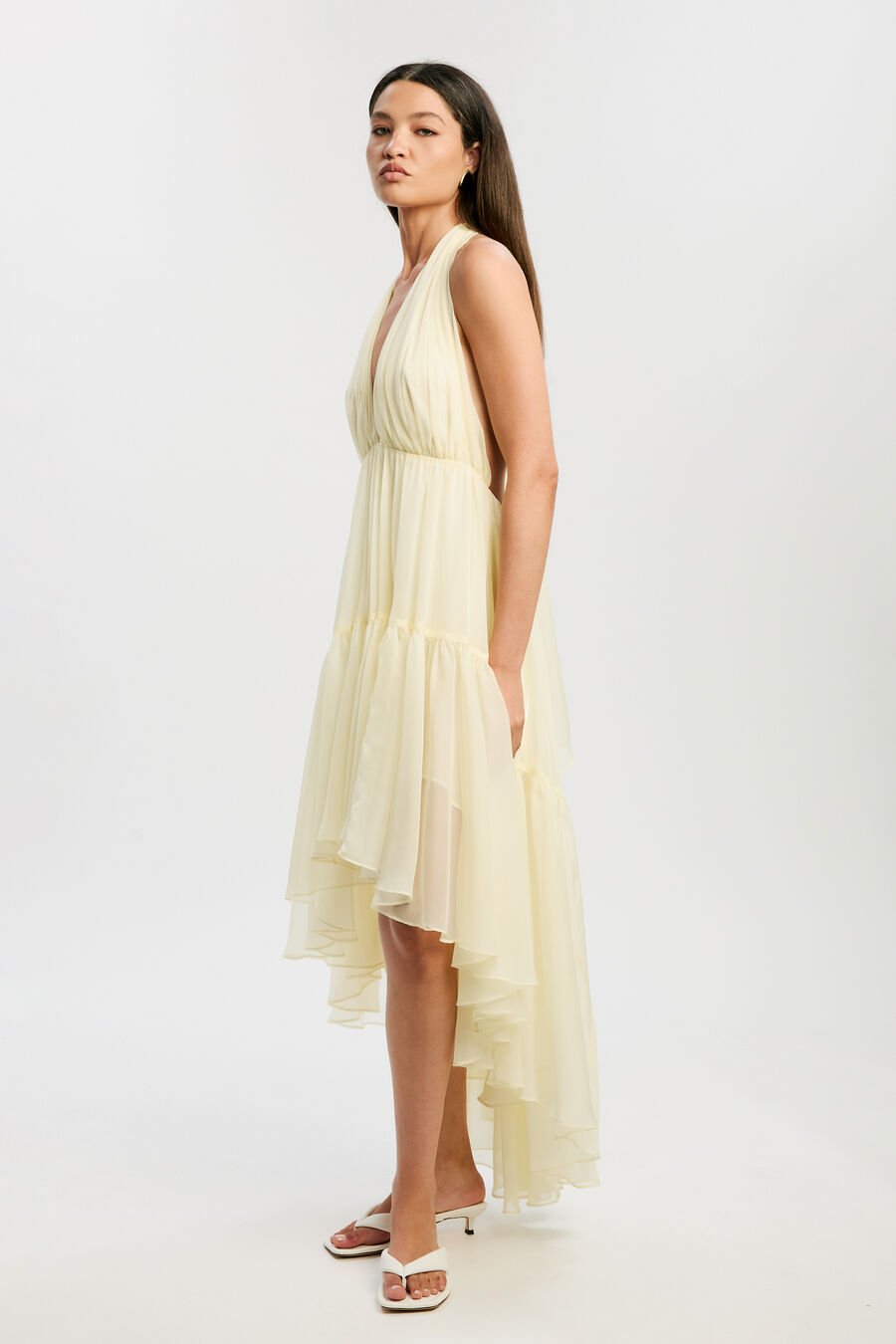 LEONA HIGH LOW RUFFLE DRESS in colour CANARY YLW
