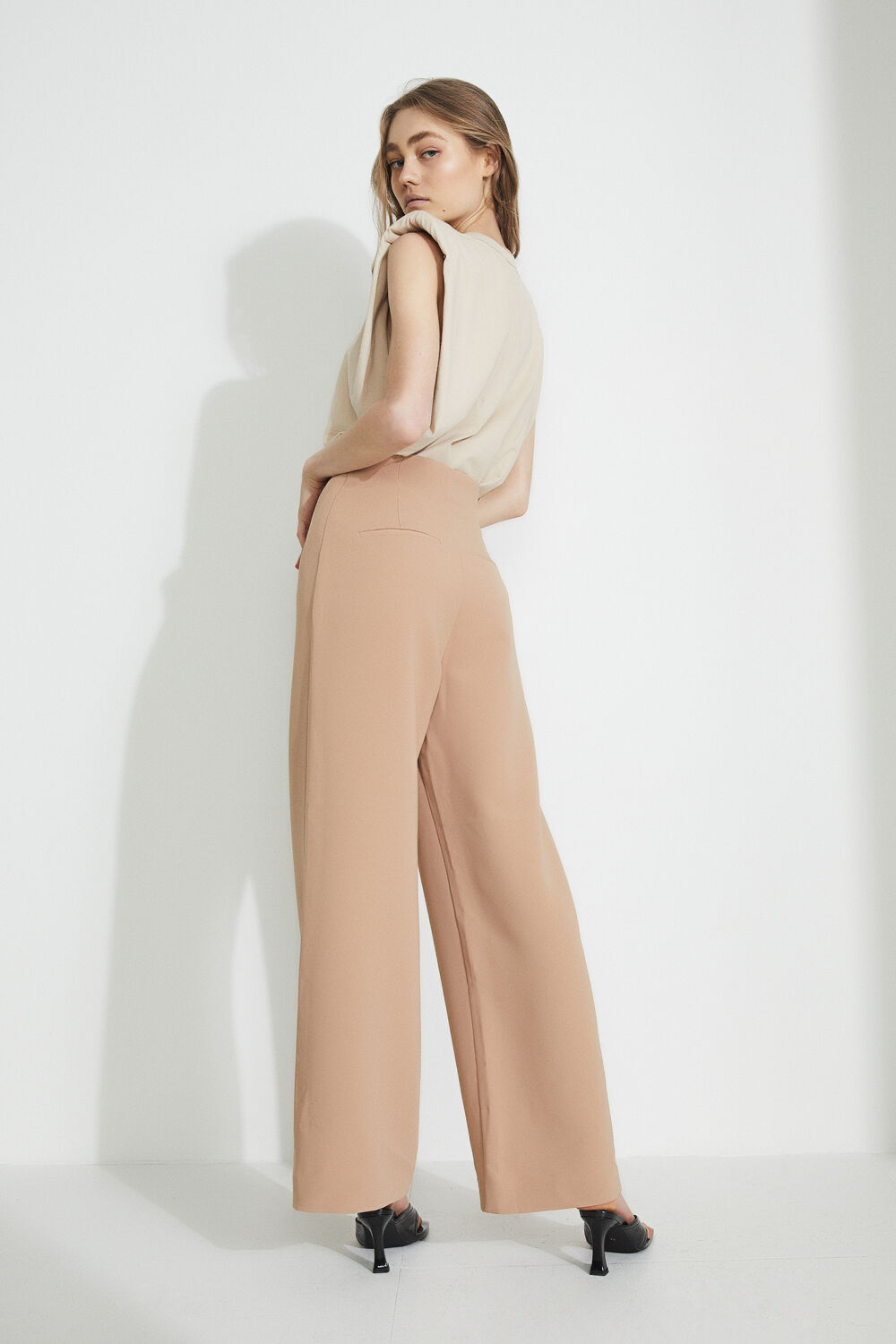 JWZUY Casual Solid High Waist Tie Front Wide Leg with Pockets Office Flowy  Pants Beige S 