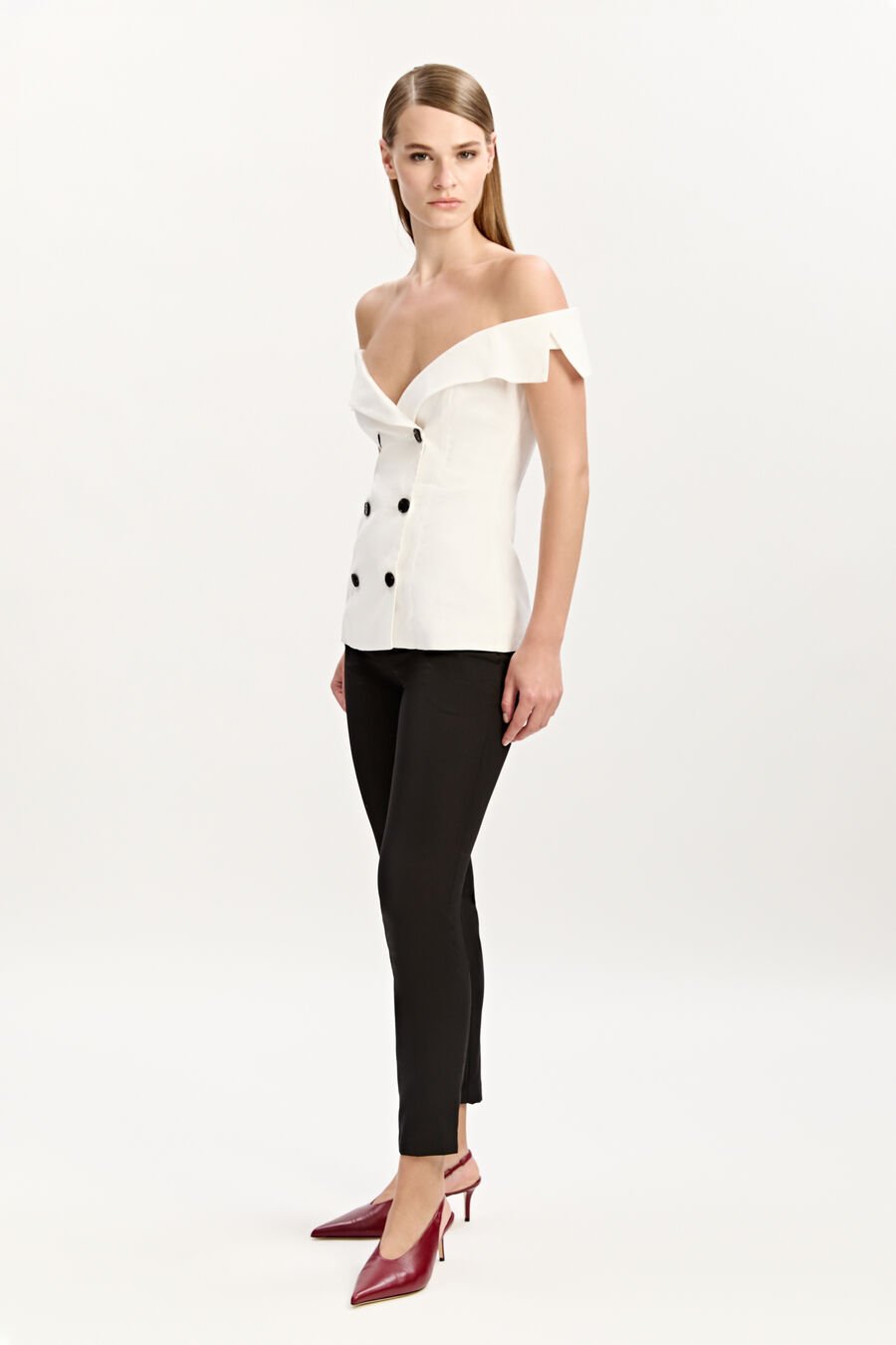 ELIORA BUTTON FRONT LINEN TOP in colour ORCHIDWHT