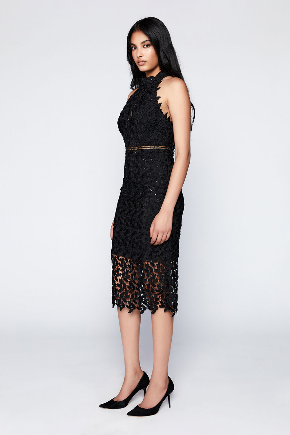 SEQUIN LEAF LACE DRESS in colour CAVIAR