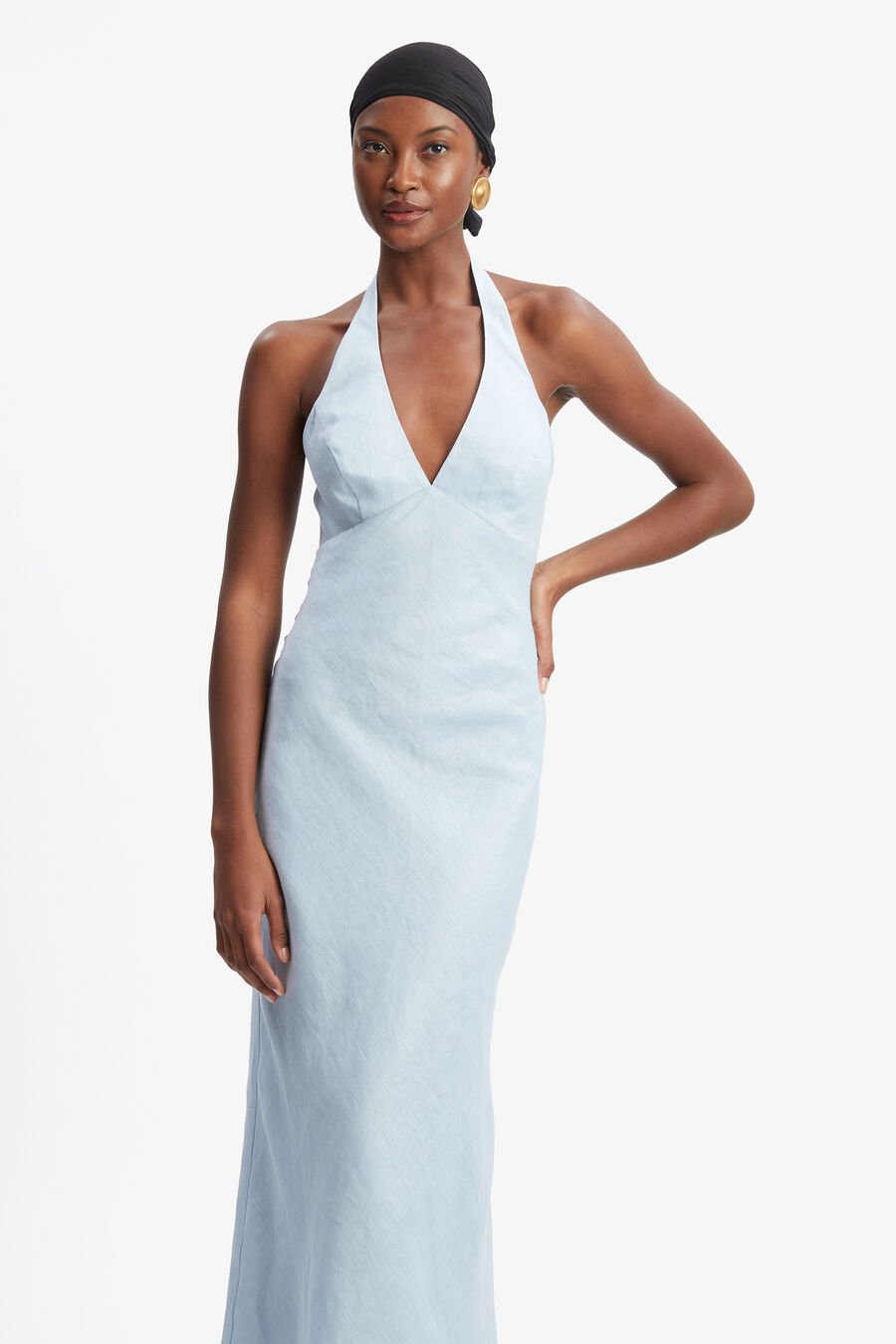 PAOLA HALTER LINEN MIDI DRESS in colour SOFT BLUE