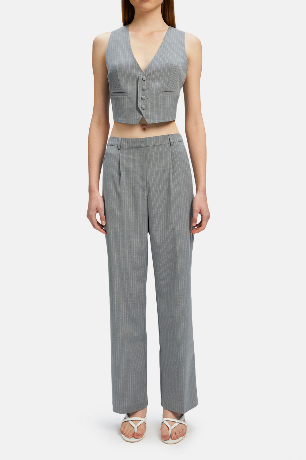 CALLISTA PIN STRIPE PANT in colour FROST GRAY
