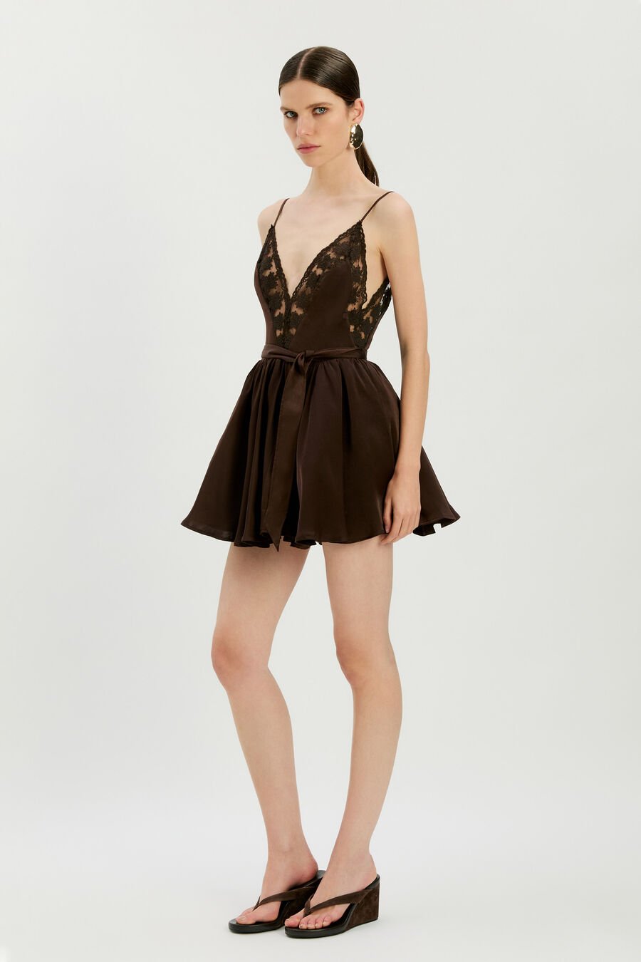 NATALIA LACE TRIM MINI DRESS in colour Dark Chocolate