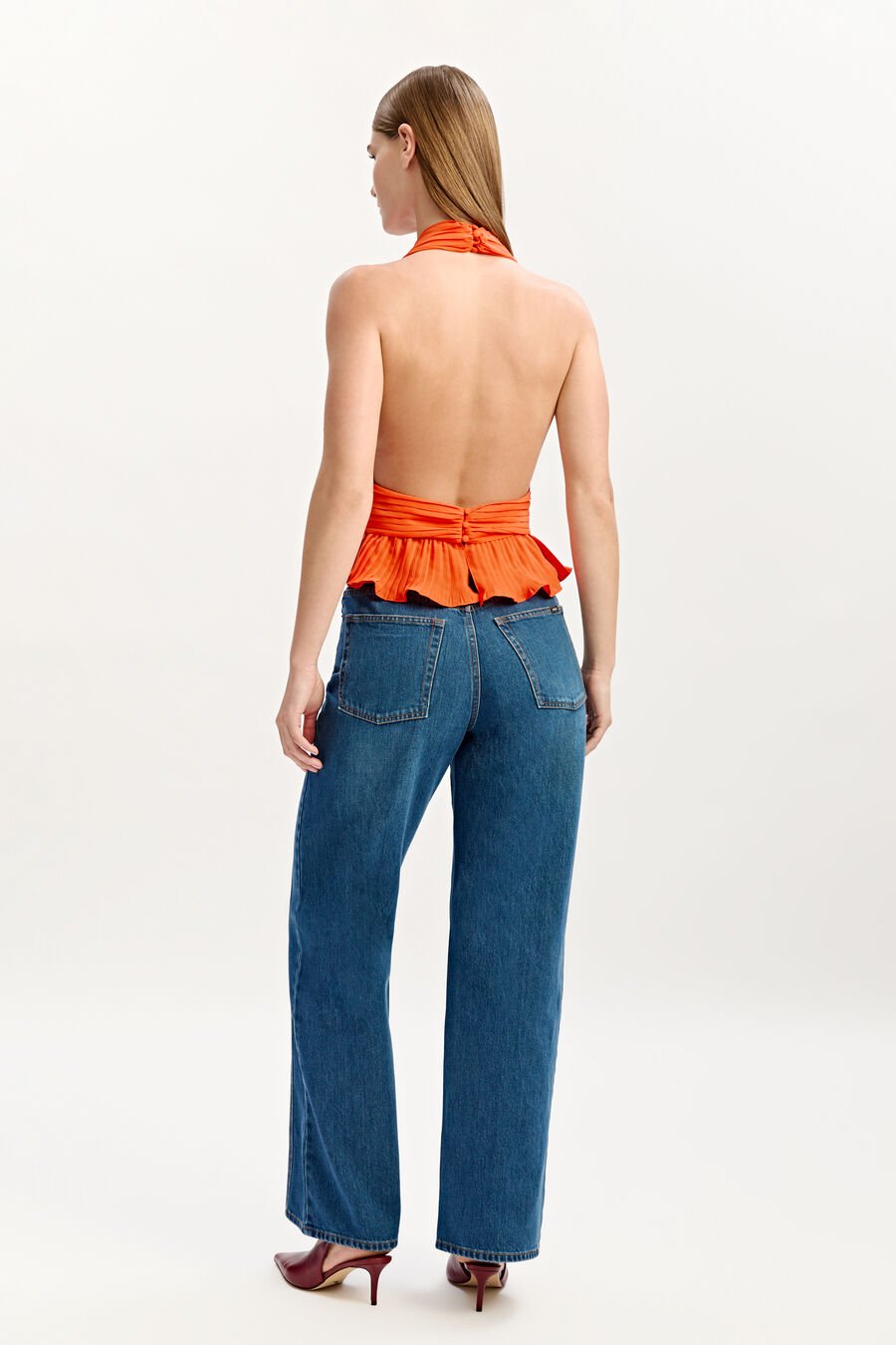 AMALA PLEATED HALTER NECK TOP in colour TANGELO