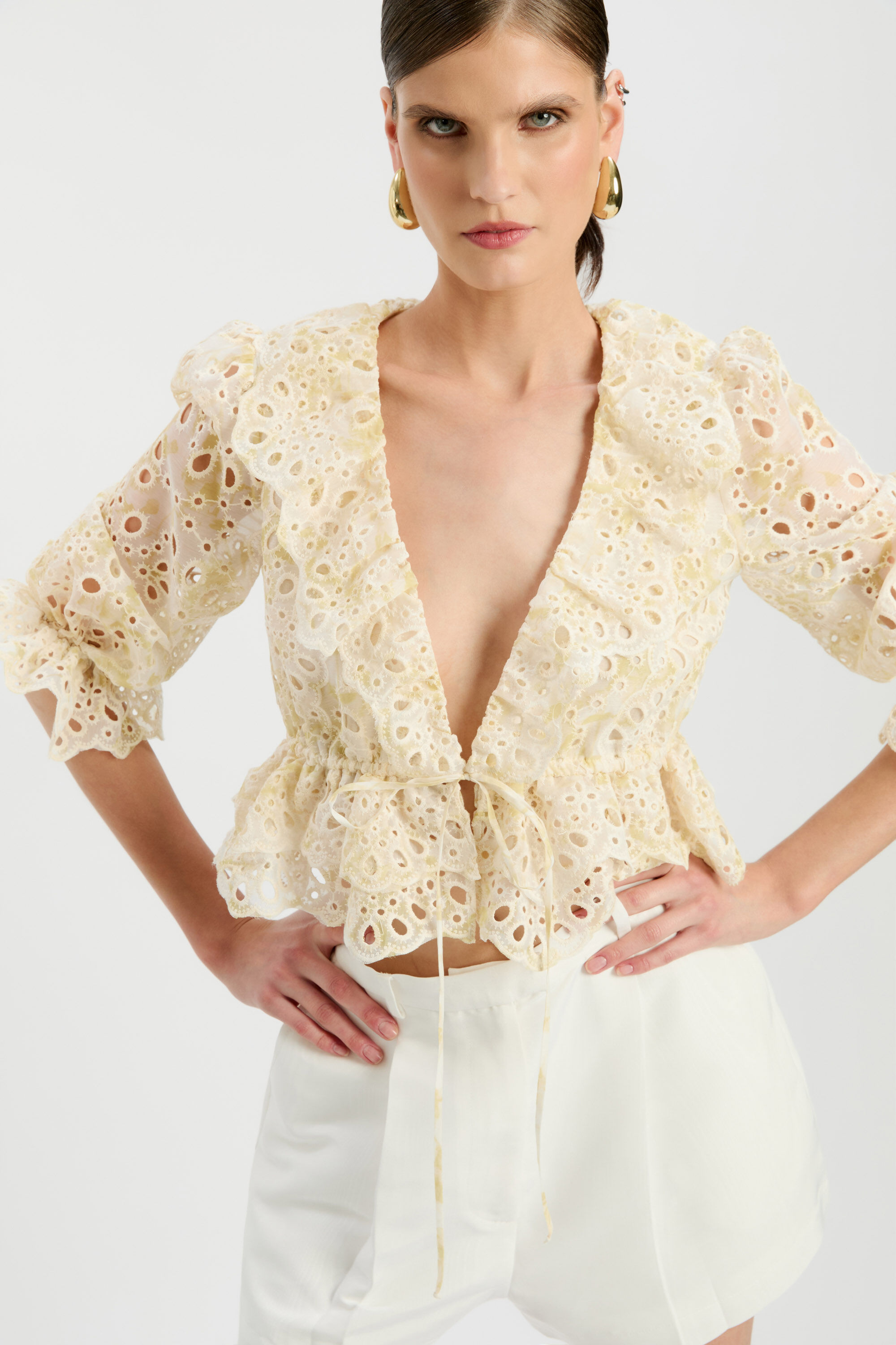 Naomi Drawcord Broderie Blouse In Yellow Floral | Bardot