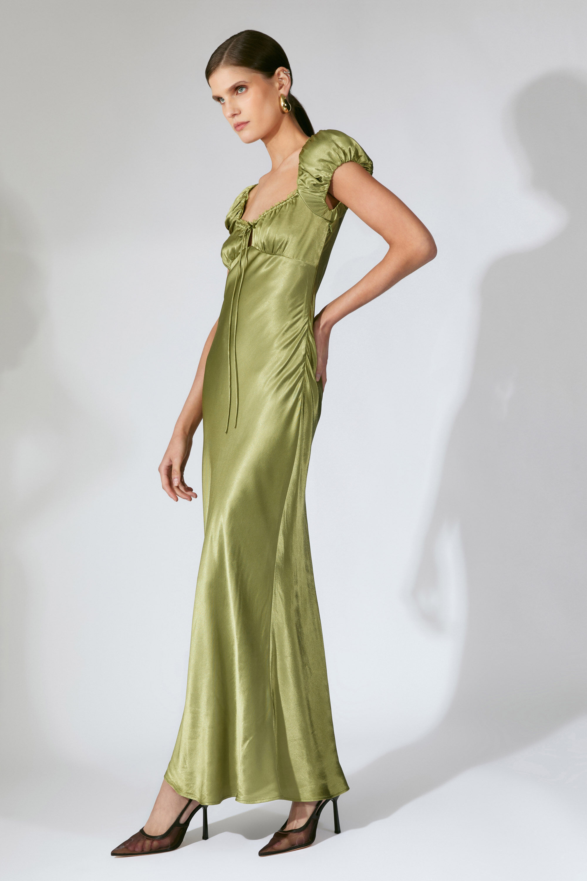 open lace back dress Light Champagne Wrap Satin Dress With Flutter Sleeves – Désir Couture main image 1