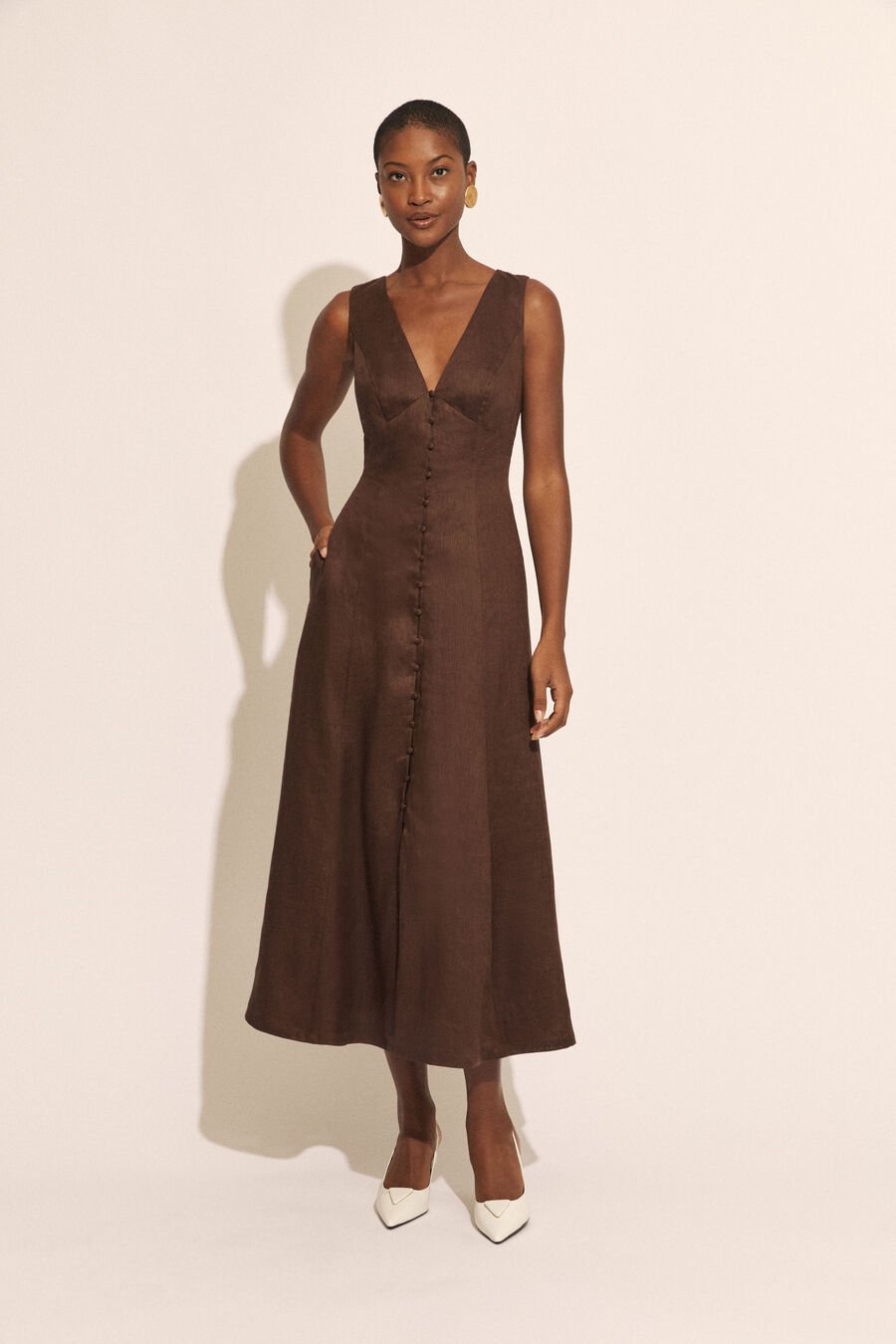 CORDELIA LINEN MIDI DRESS in colour CHOCOLATE
