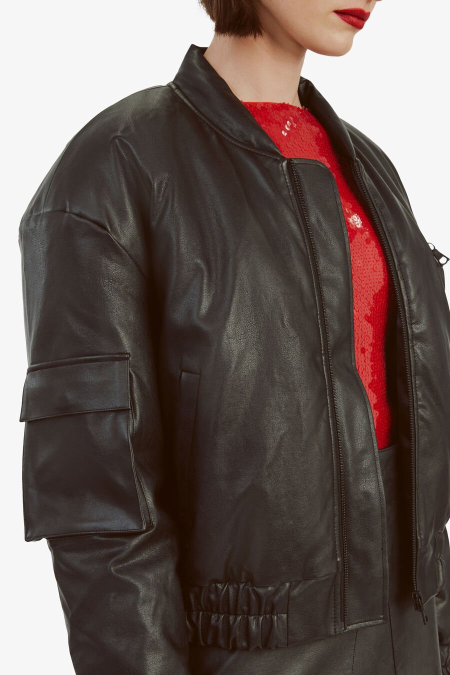 VEGAN LEATHER BOMBER JACKET in colour BLACK