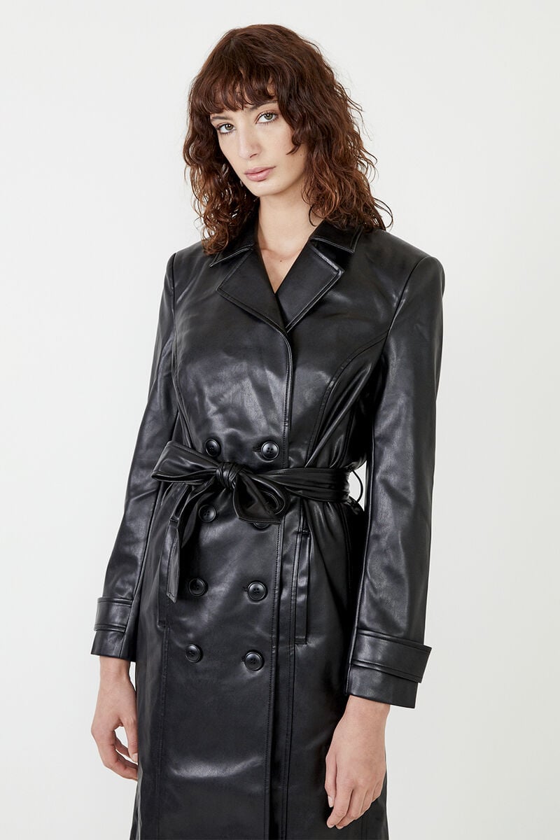 Vegan Leather Trench Coat In Black | Bardot