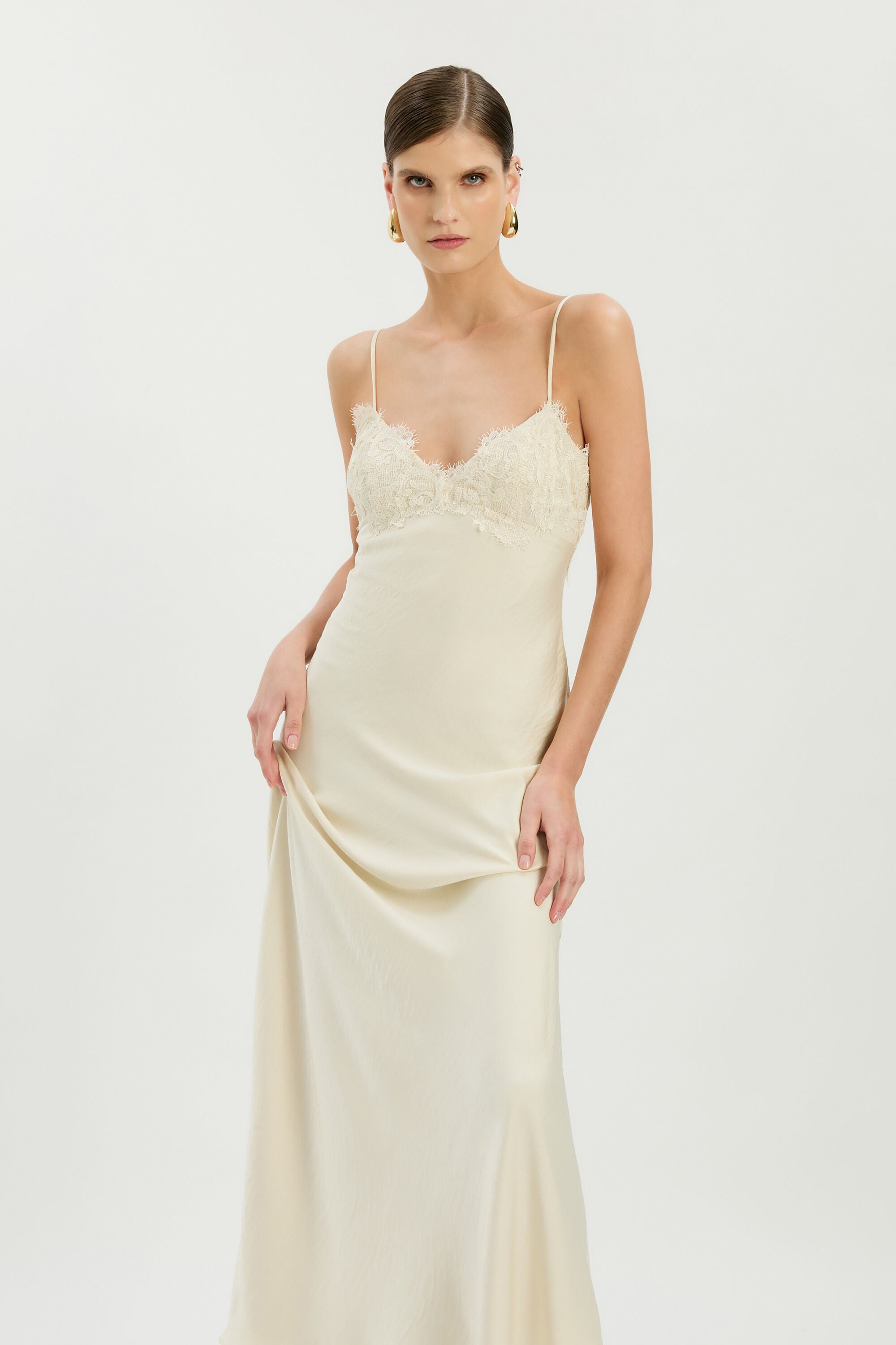 Elisan Lace Satin Maxi Dress In Ivory | Bardot