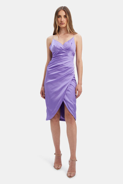 Bardot Ember Silk V-Neck Spaghetti Strap Sleeveless Ruffle Asymmetrical  Hemline Midi Dress