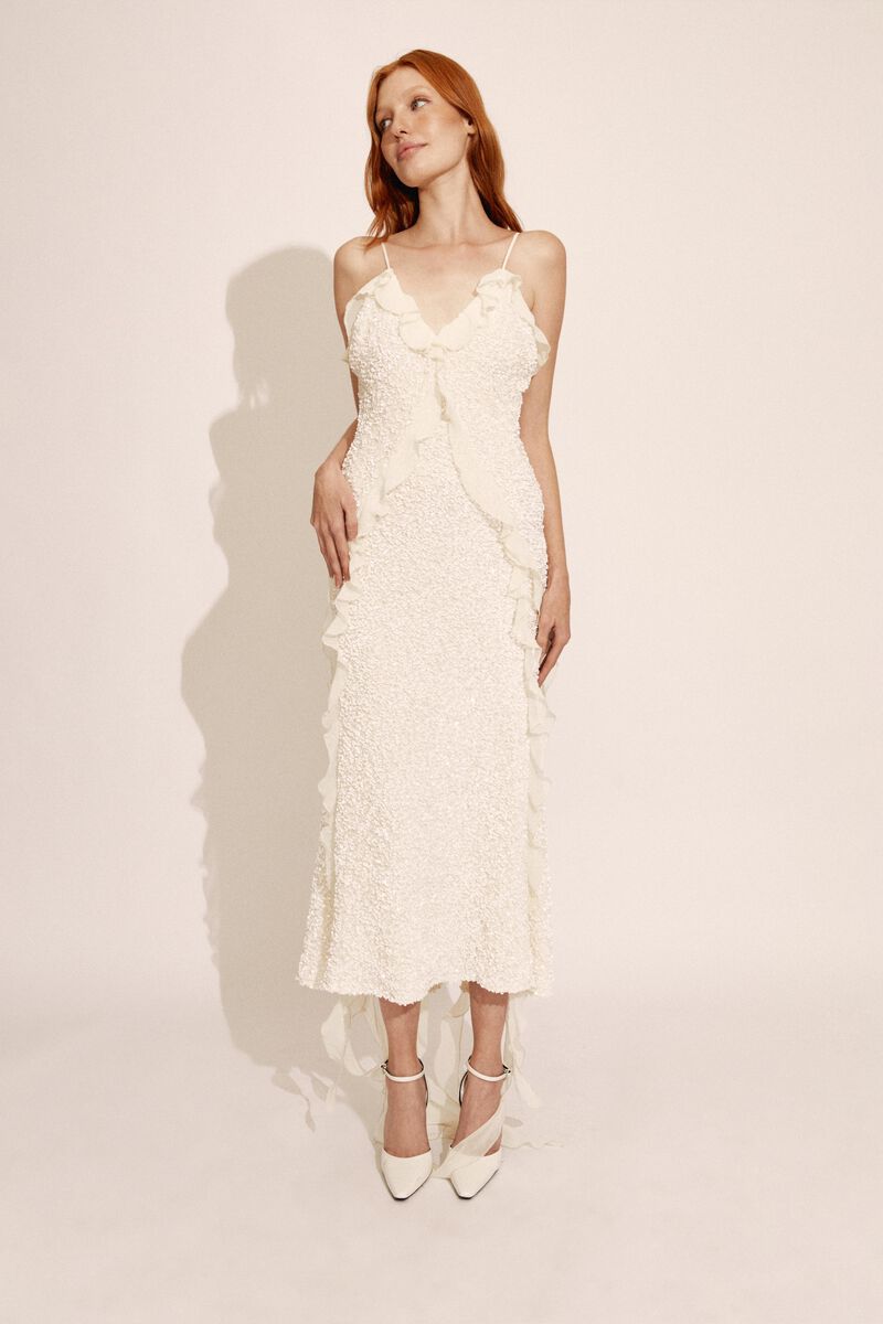 bardot marsella ruffle midi dress in ivory