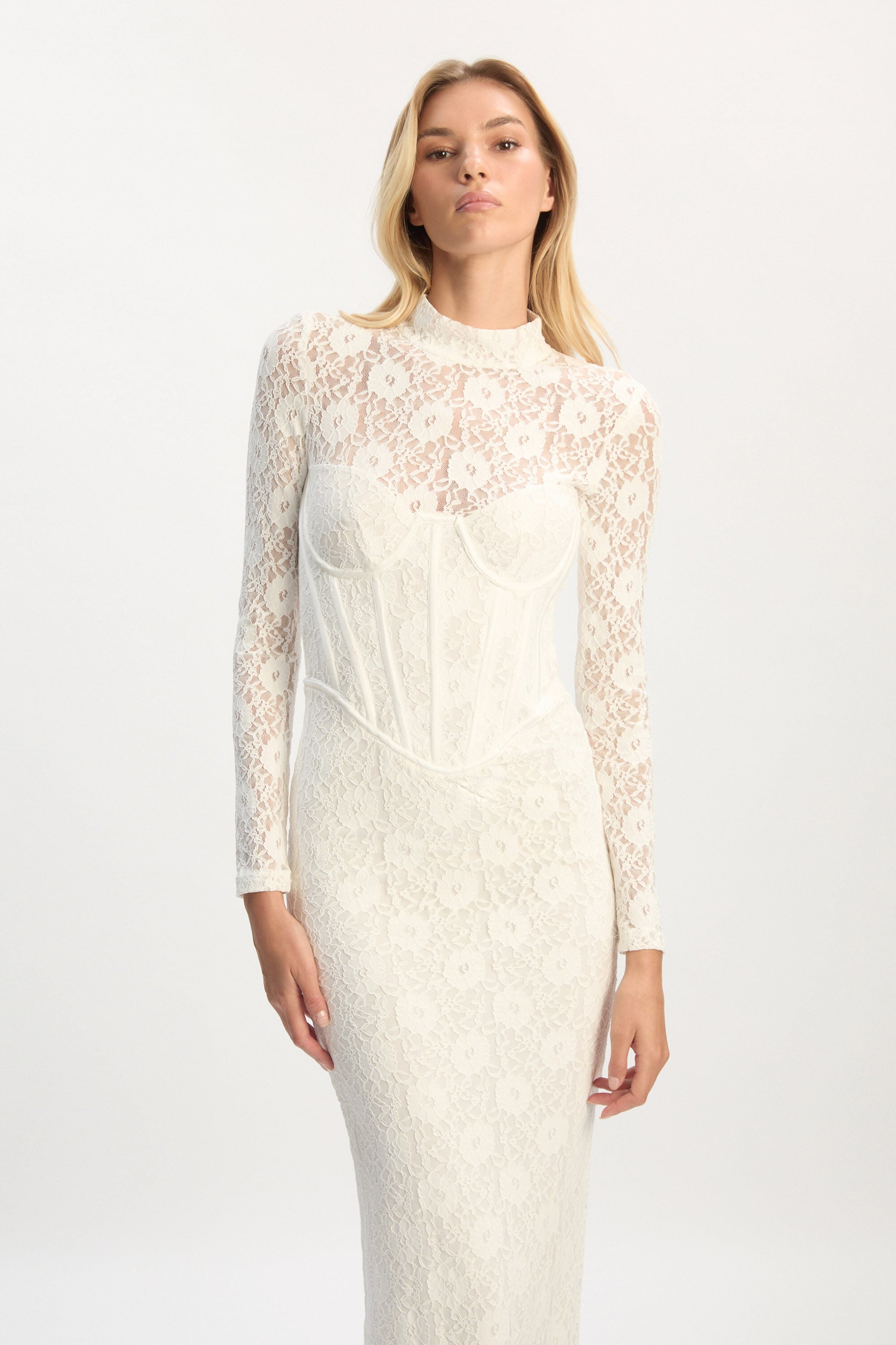 Bardot Carmen Lace Corset Midi Dress in White - Size 8