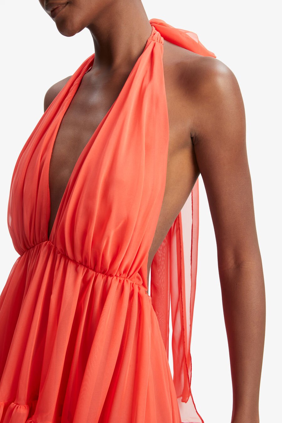 LEONA HIGH LOW RUFFLE DRESS in colour FIRE RED