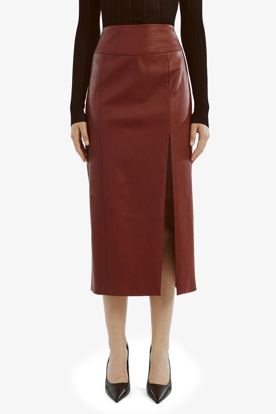 DANTE VEGAN LEATHER MIDI SKIRT in colour DEEP RED