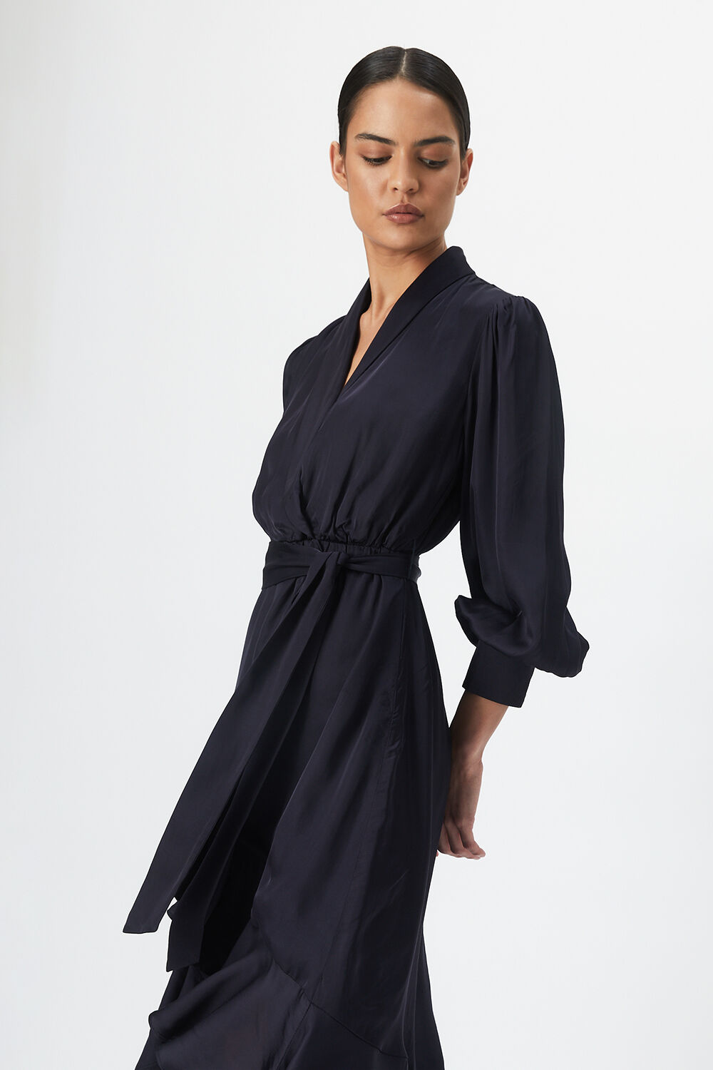 Aaliyah Wrap Midi Dress in Navy | Bardot