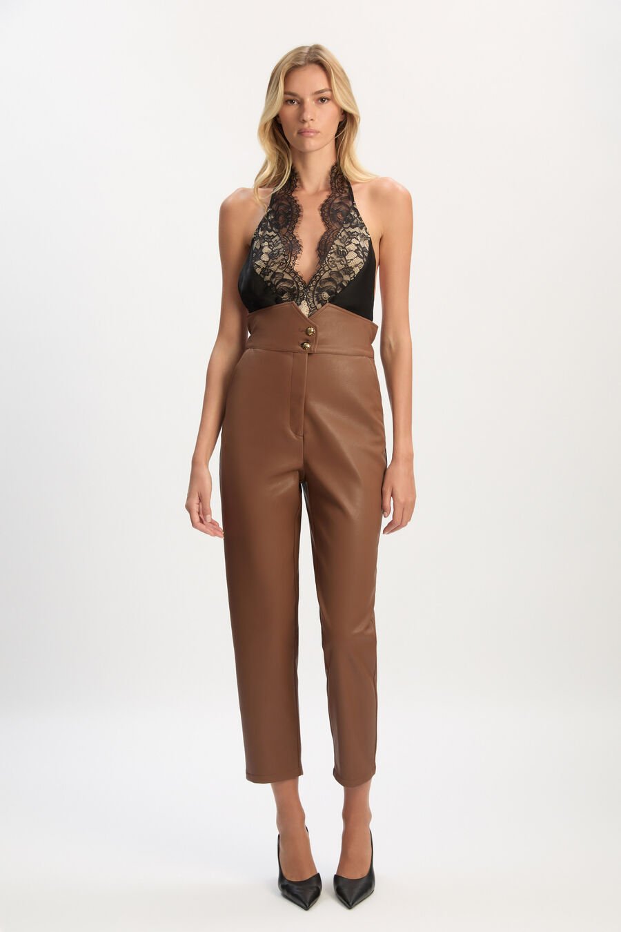 ELVIRIA HALTER SATIN BODYSUIT in colour BLACK