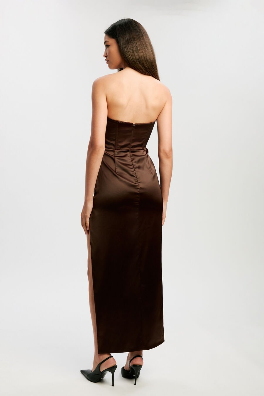EVERLASTING SATIN MIDI DRESS in colour CHOCOLATE