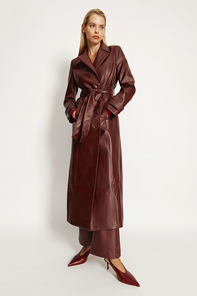 Vegan Leather Longline Coat In Burgundy | Bardot