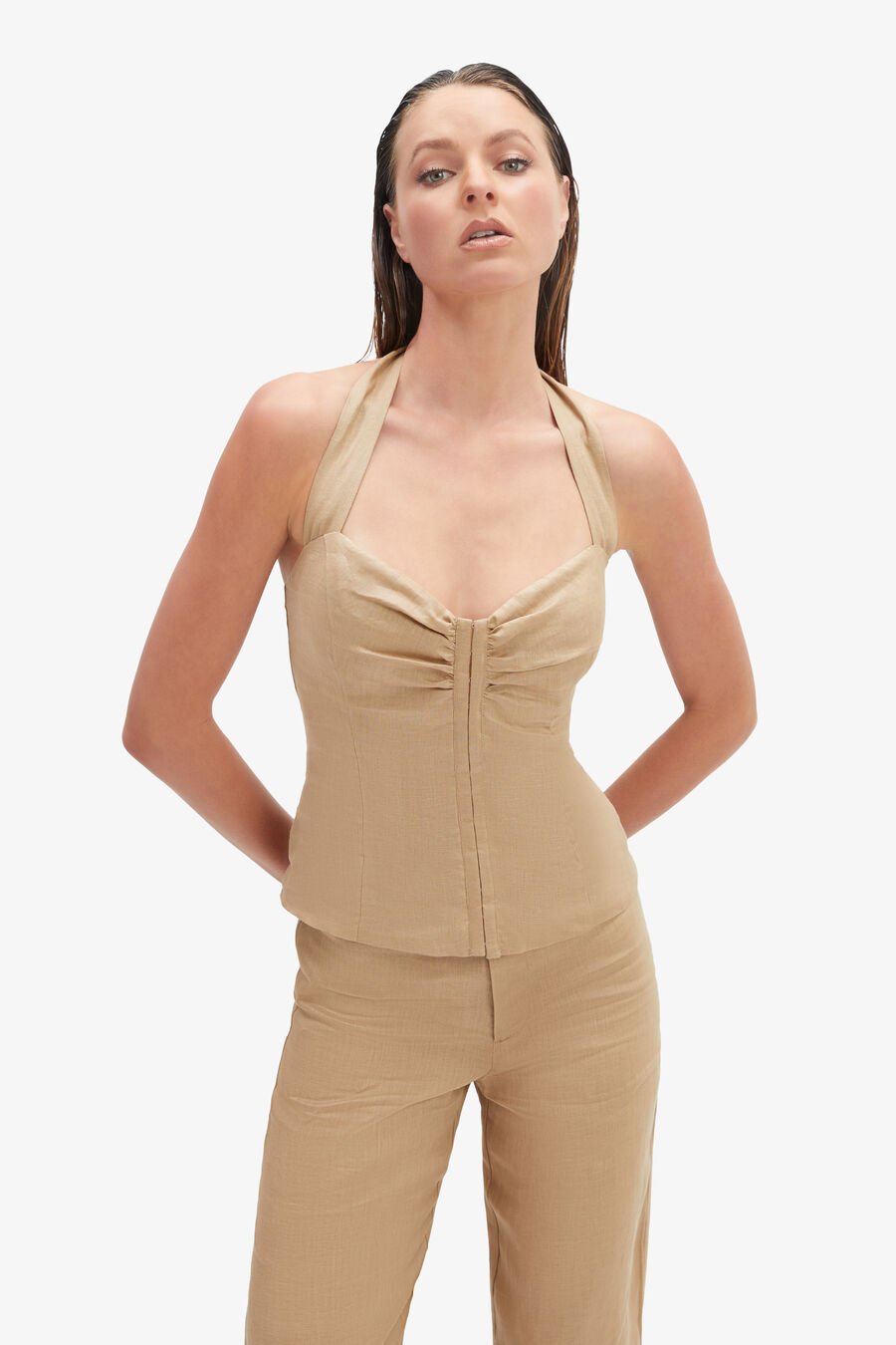 RIXTON LINEN HALTER TOP in colour LATTE