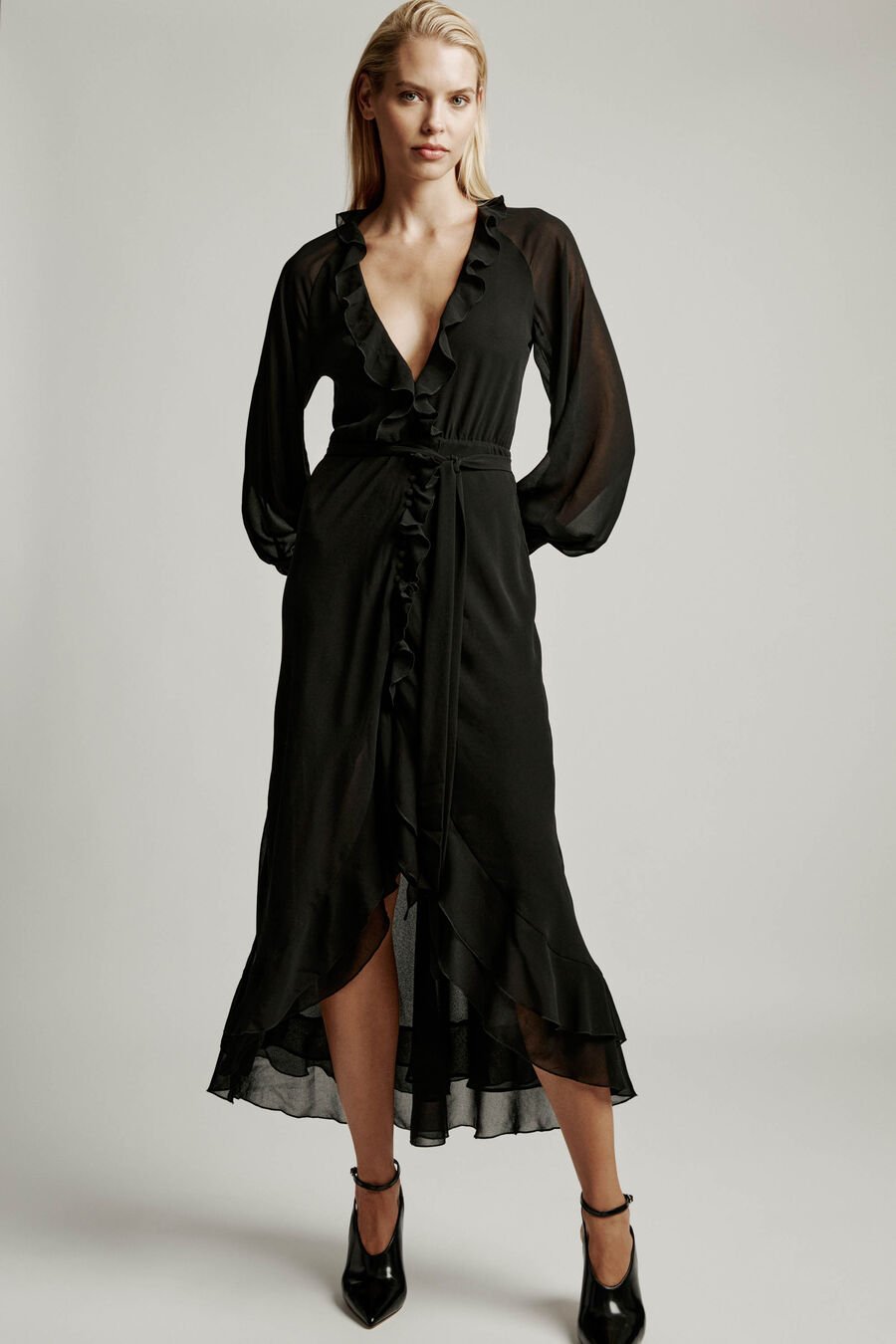 KASSIA RUFFLE MIDI DRESS in colour BLACK