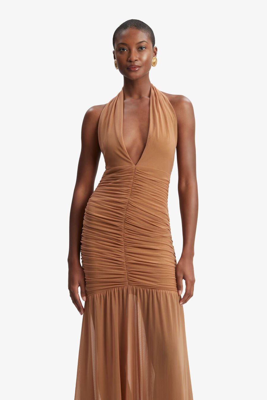 SEPHERA HALTER MESH MIDI DRESS in colour CHESTNUT