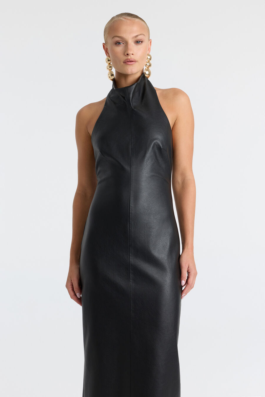 GINA VEGAN LEATHER MIDI DRESS in colour Black