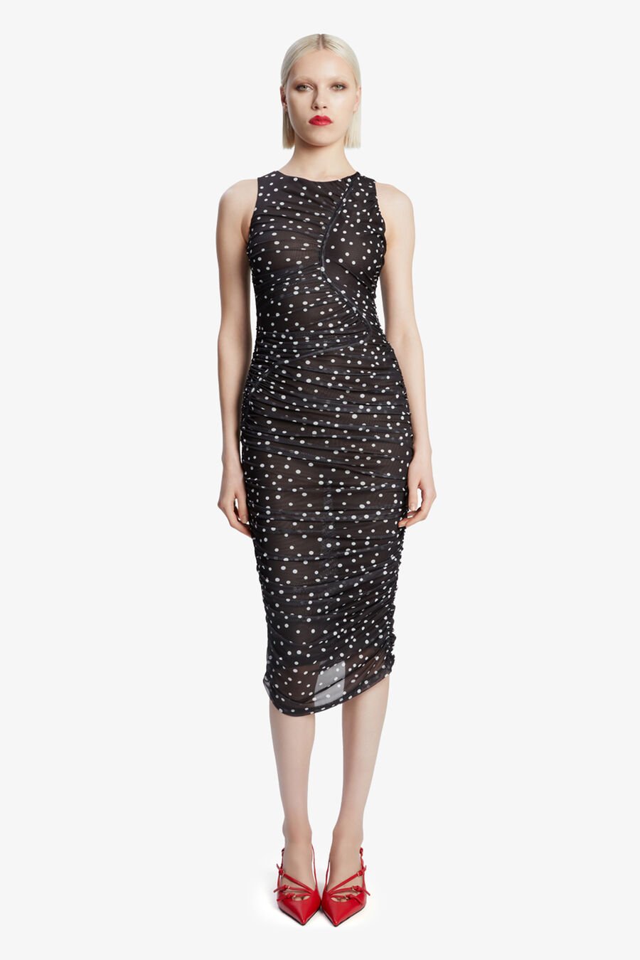 FELICIA SPOT MESH MIDI DRESS in colour BLACK SPOT