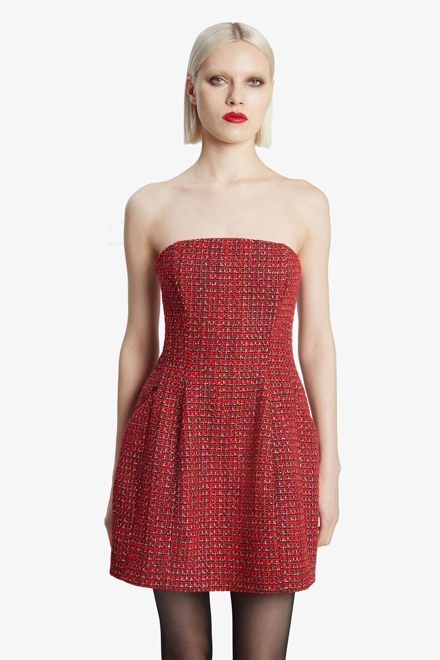 KAROLINE BOUCLE MINI DRESS in colour RED CHECK