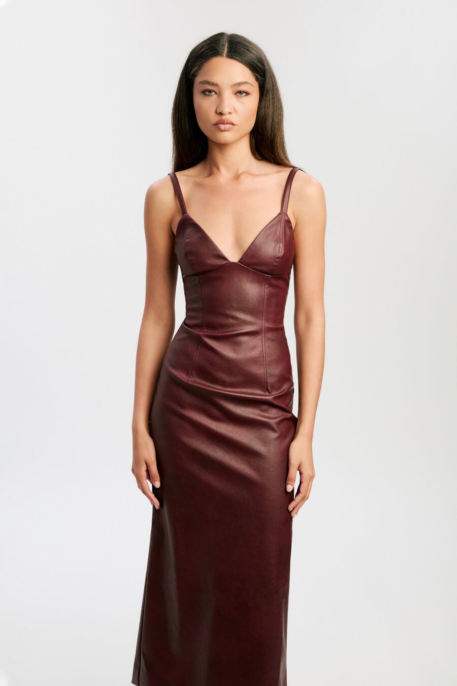 ESTINE VEGAN LEATHER DRESS in colour BURGUNDY