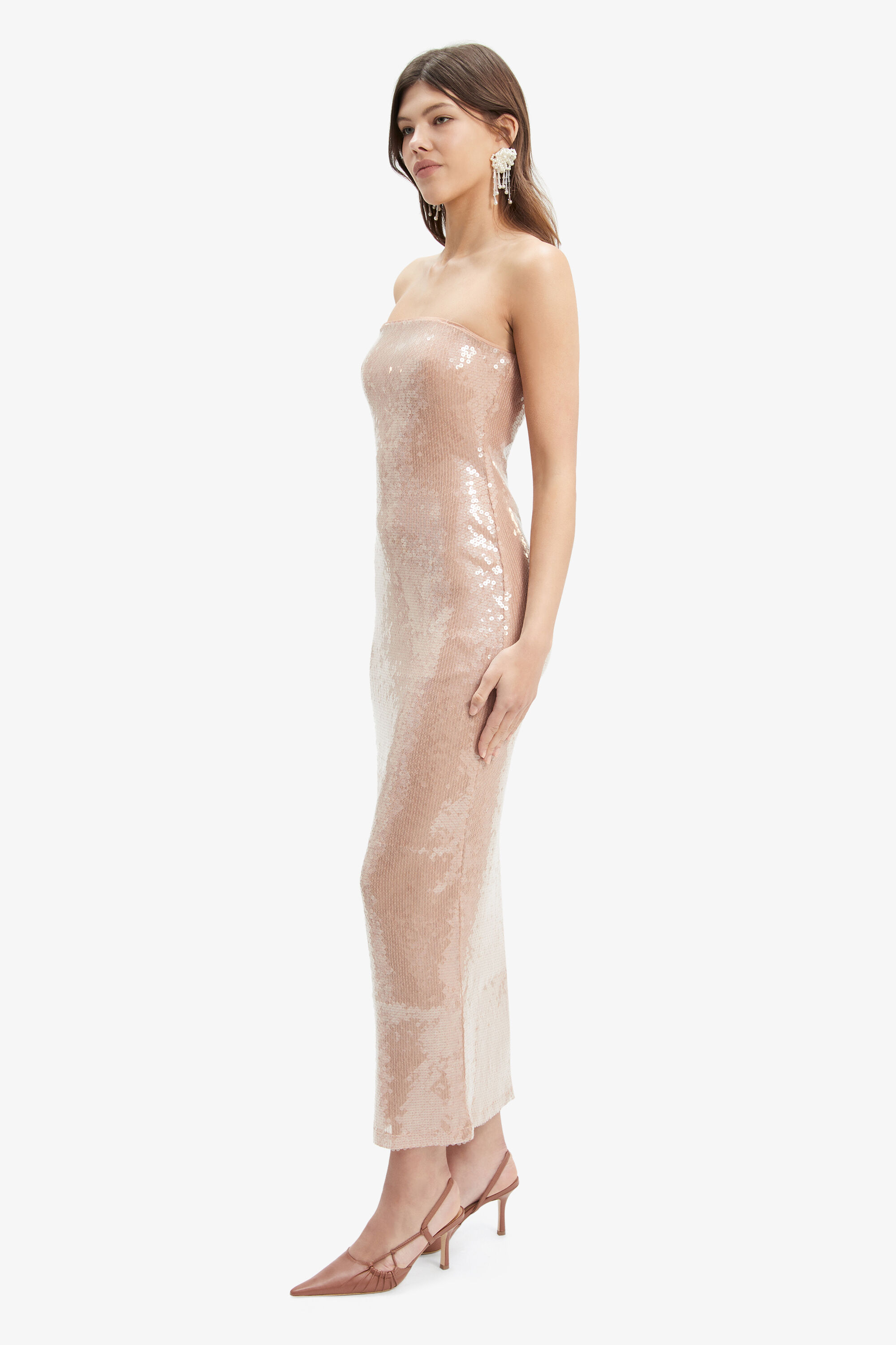 Launa Sequin Maxi Dress In Soft Tan Bardot