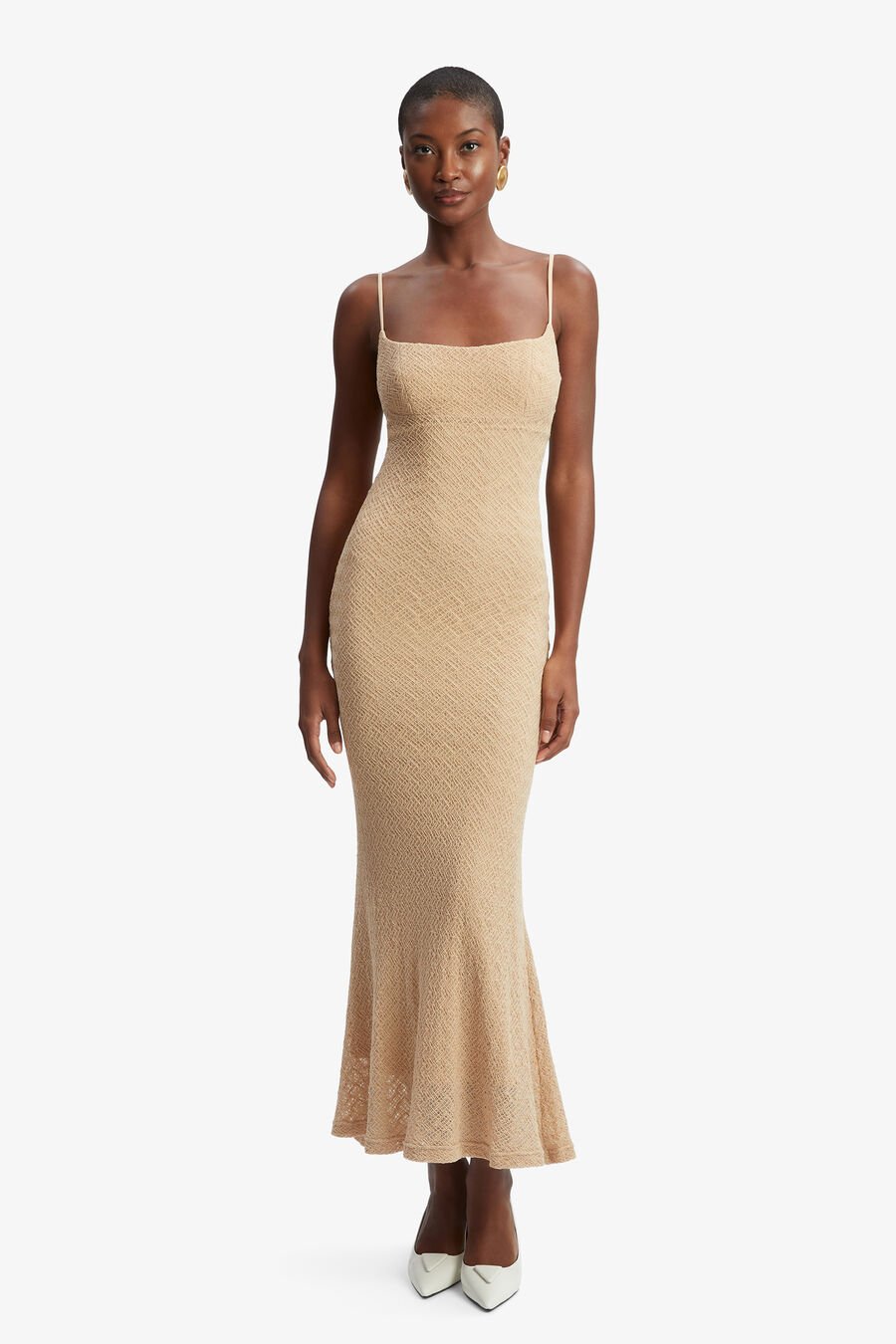 ADONI STRETCH LACE MIDI DRESS in colour NATURAL