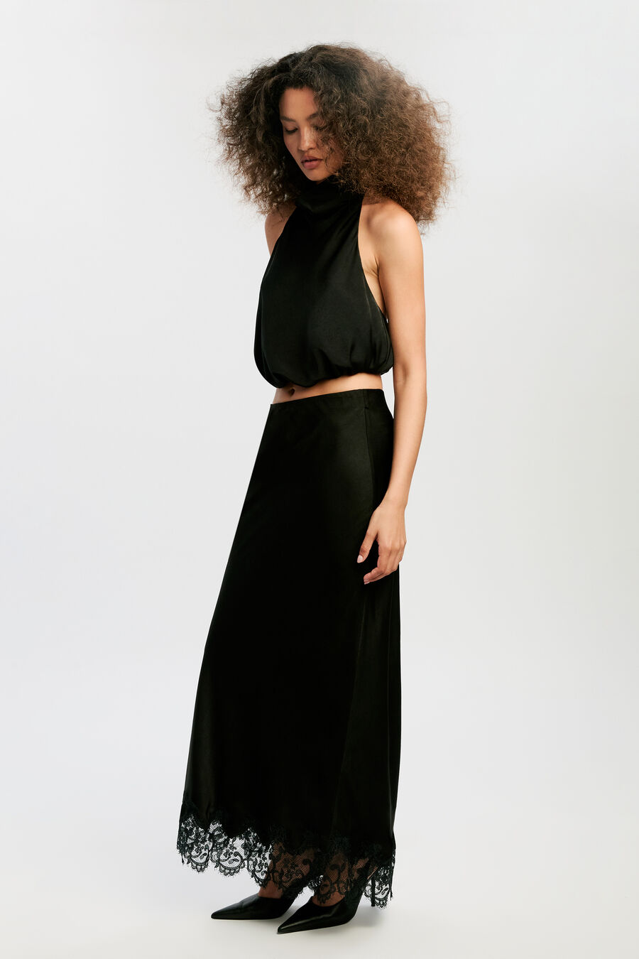 ELISAN LACE SATIN MIDI SKIRT in colour BLACK