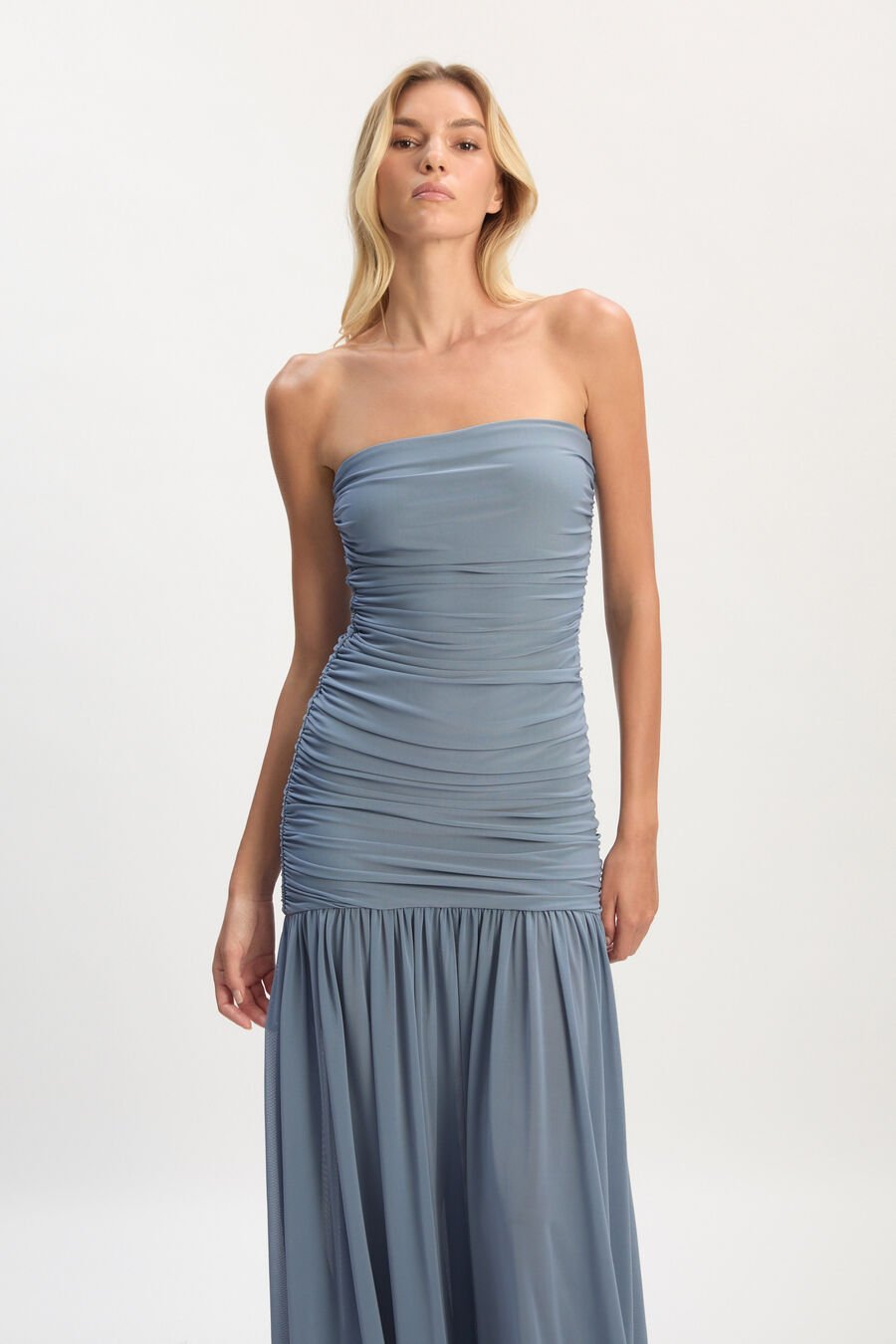 SOLANA MESH MAXI DRESS in colour DUSTYBLUE