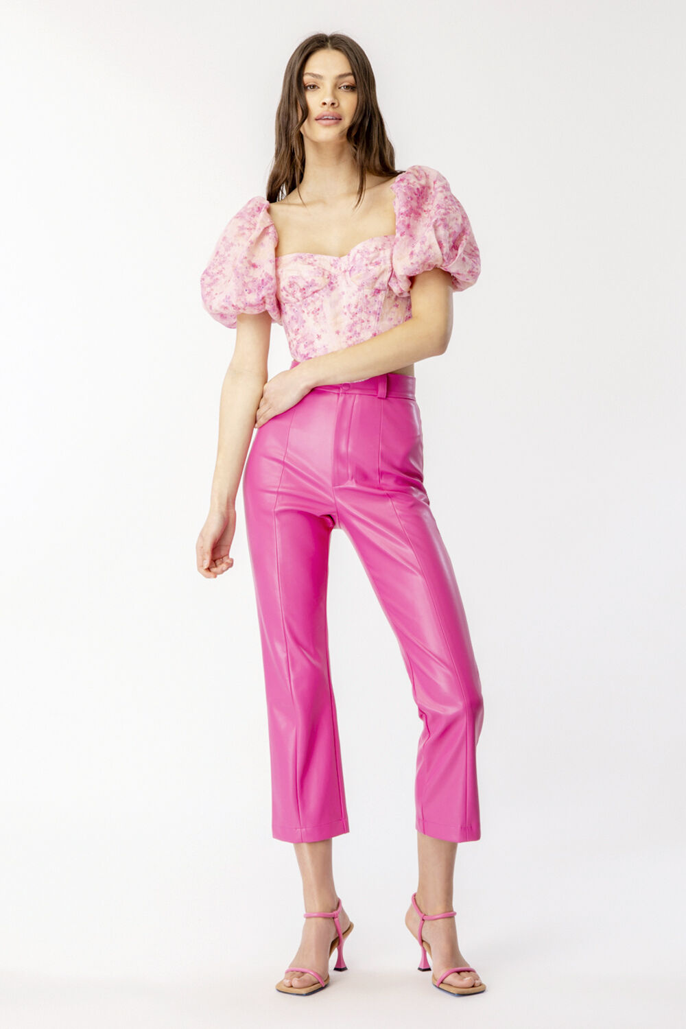 Pink leather trousers deals