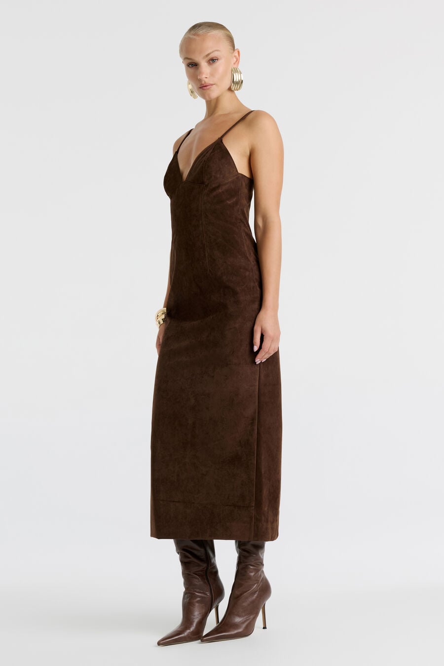 ESTINE VEGAN SUEDE MIDI DRESS in colour DARK CHOCO