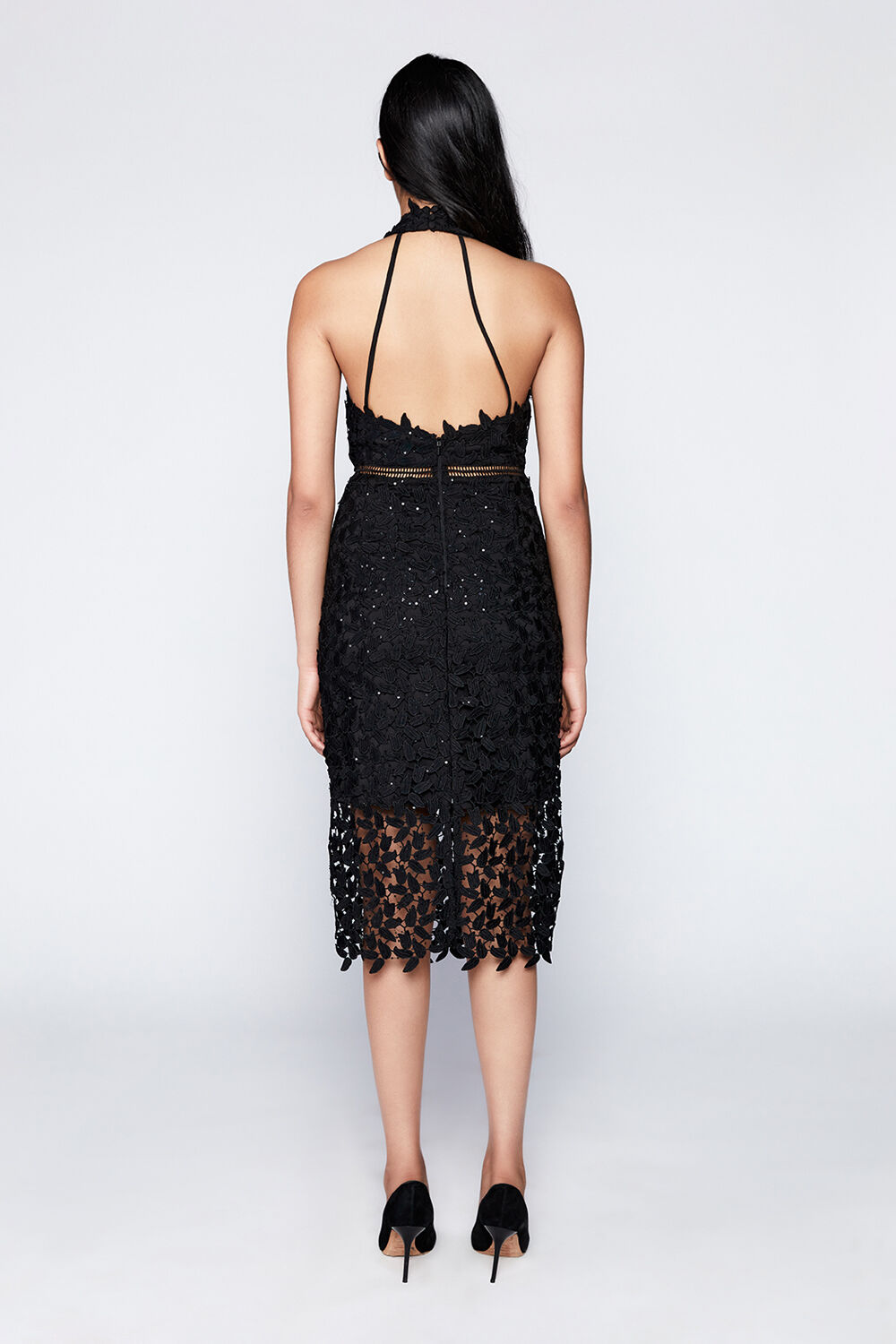 SEQUIN LEAF LACE DRESS in colour CAVIAR